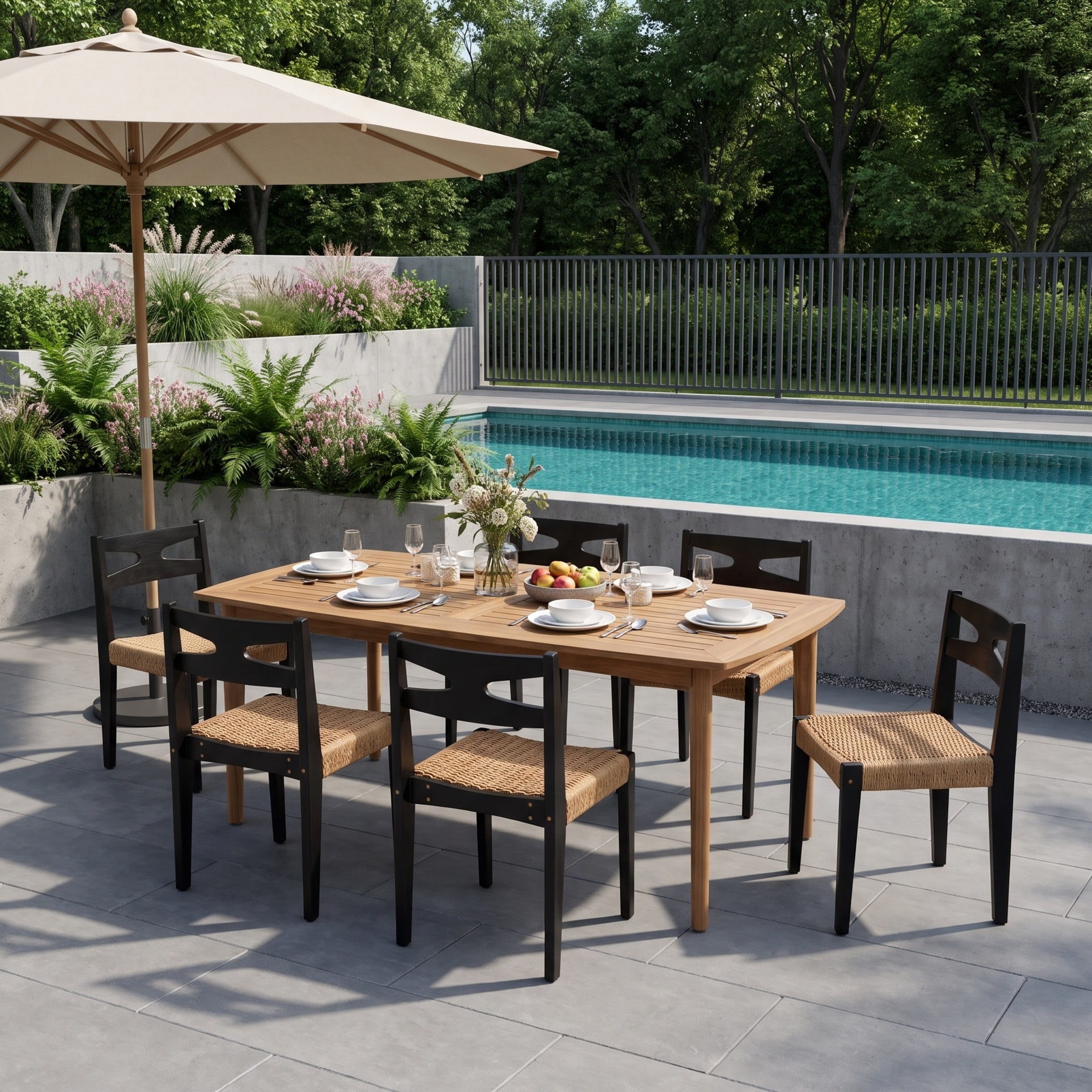 Christopher Knight Home 7-Piece Acacia Wood Outdoor Dining Set with 71" Rectangular Table, Teak+Black