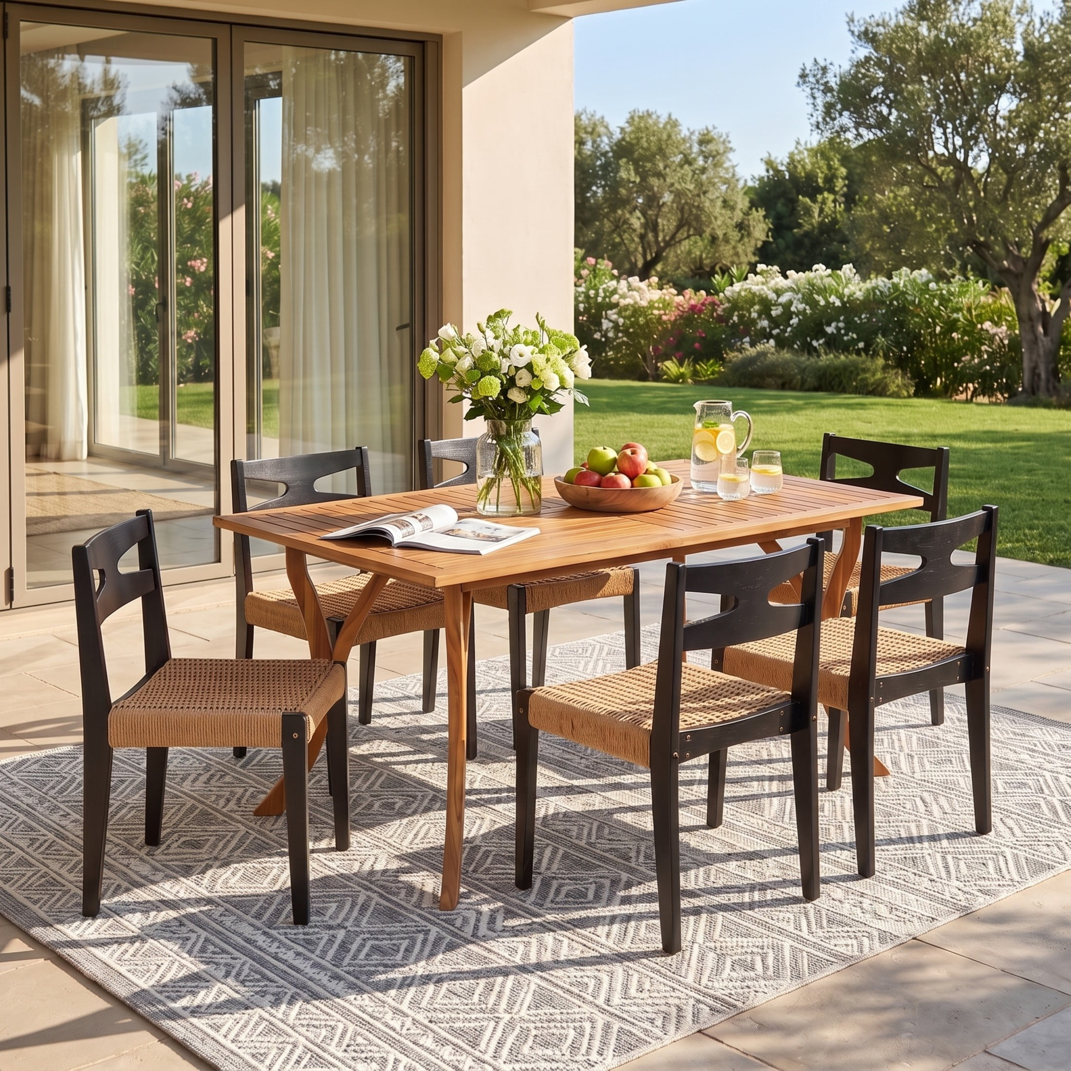 Christopher Knight Home 7-Piece Acacia Wood Outdoor Dining Set with Rectangular Table, Teak+Black
