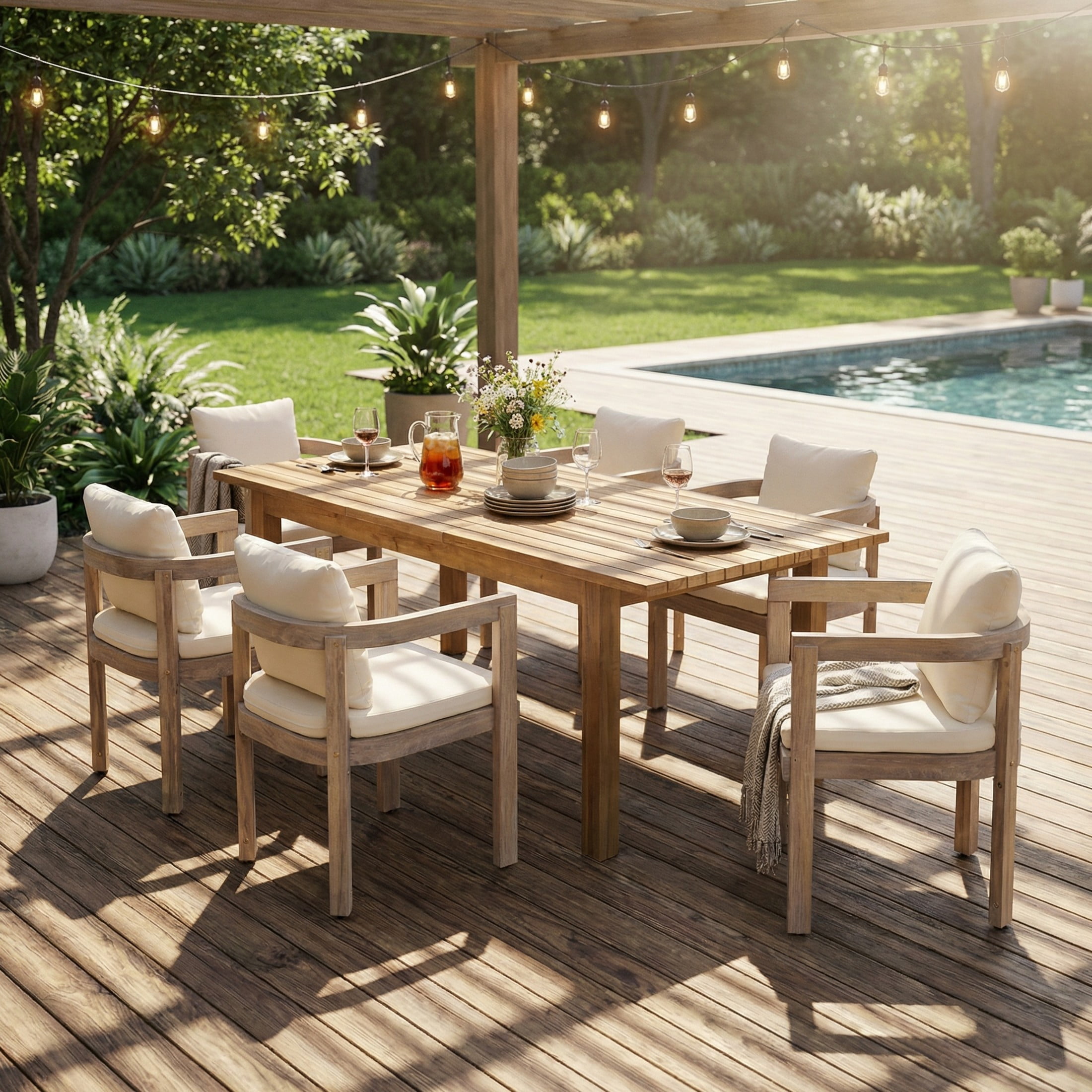 Christopher Knight Home 7-Piece Acacia Wood Outdoor Expandable Dining Set with Cream Cushions, Light White