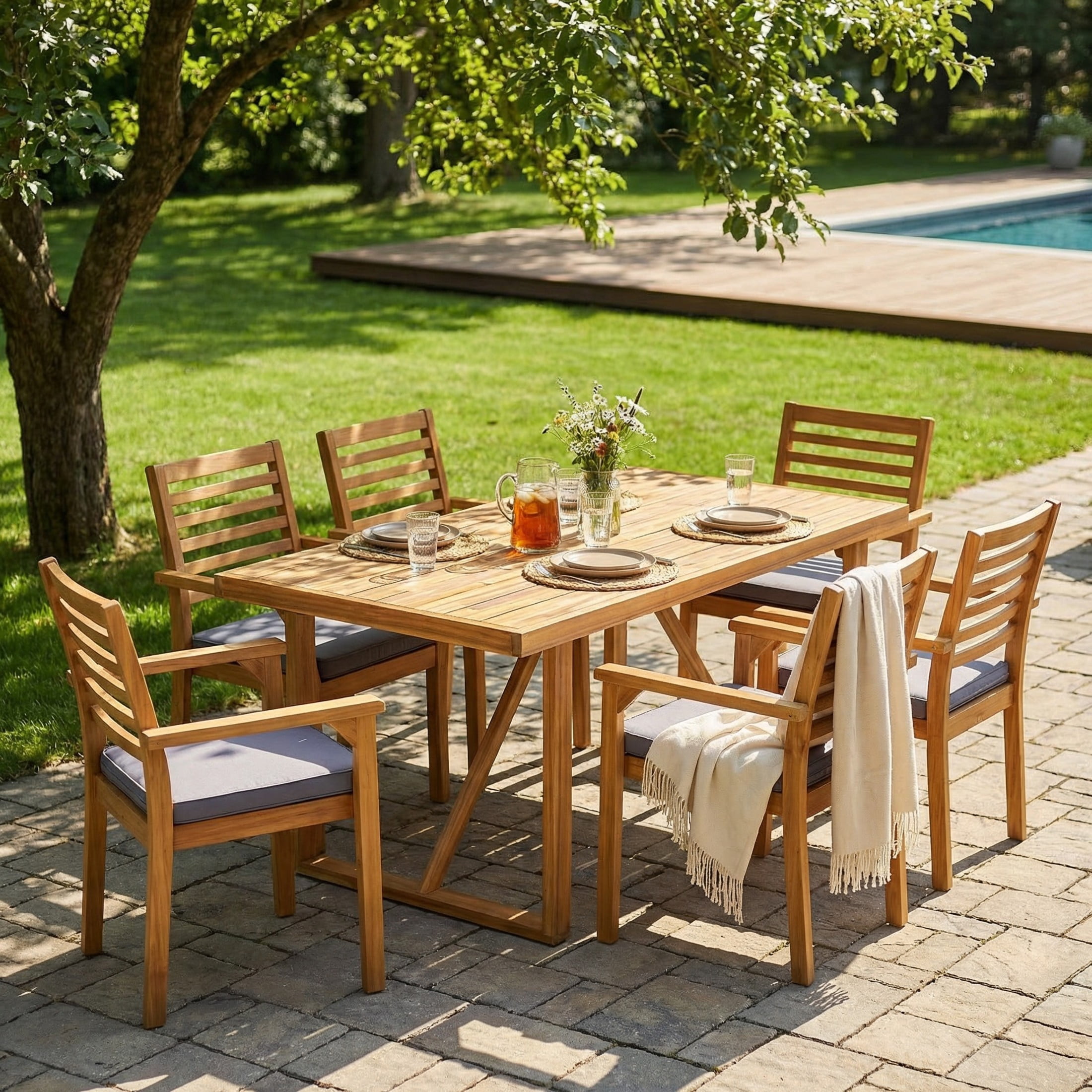 Christopher Knight Home 7-Piece Acacia Wood Patio Dining Set, 67" Table and Chairs with Gray Cushion