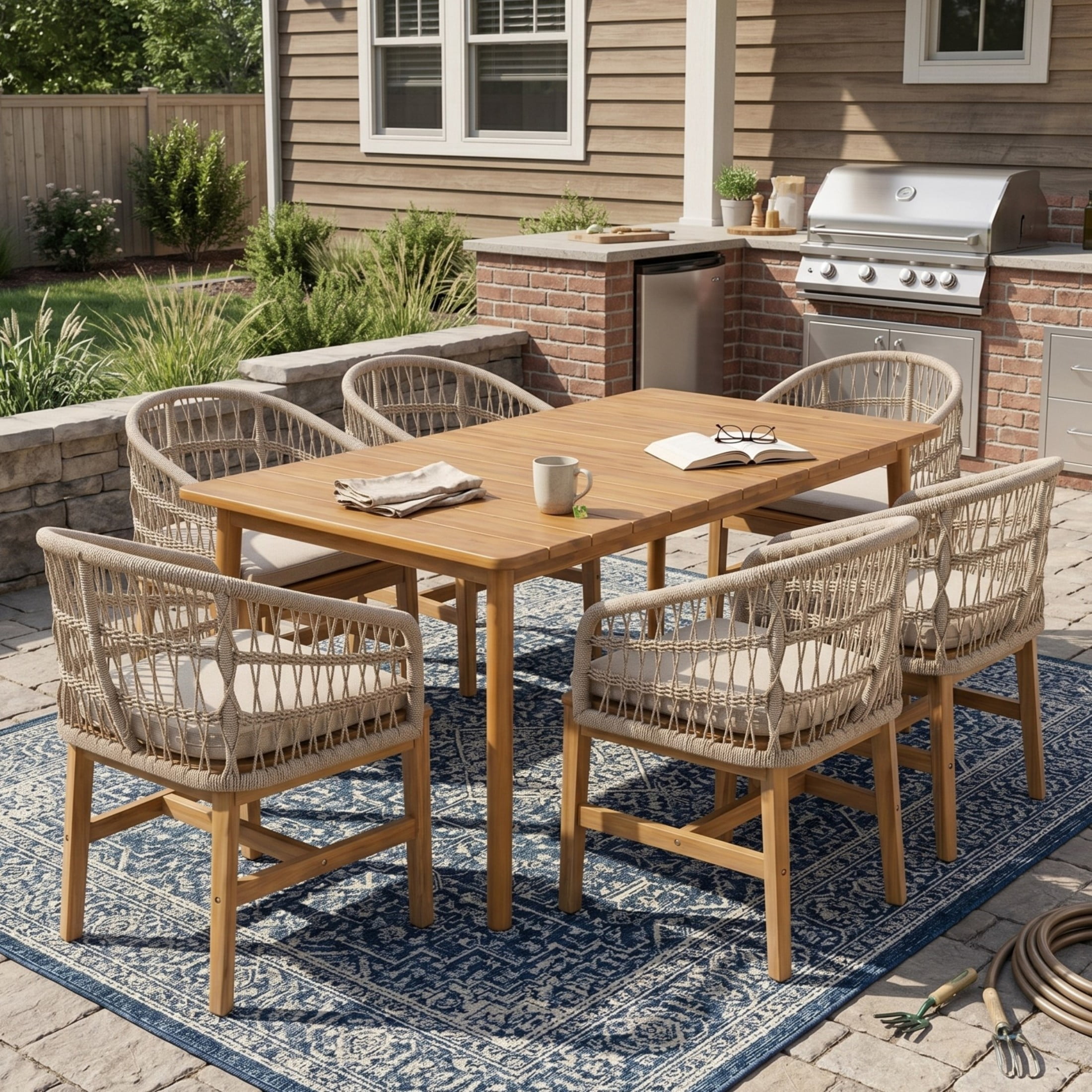 Christopher Knight Home 7-Piece Acacia Wood Patio Dining Set, 67" Table and Rope Chairs, Teak+Beige