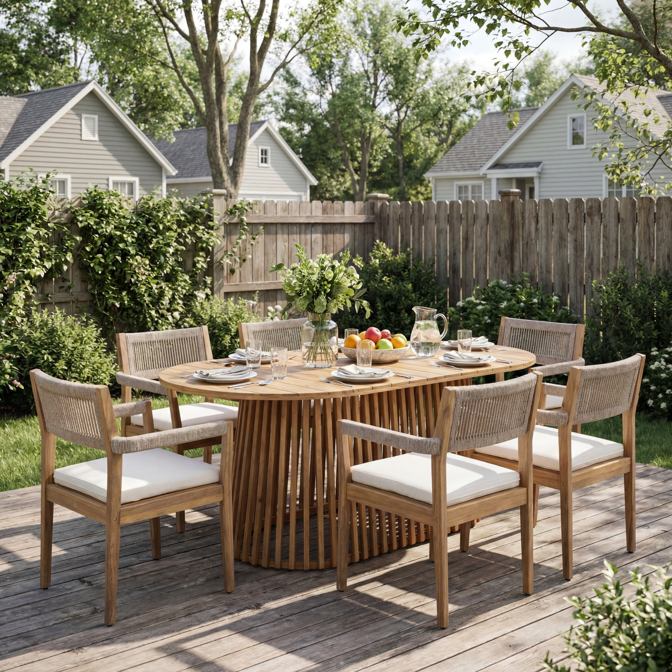 Christopher Knight Home 7-Piece Acacia Wood Patio Dining Set, Oval Table with Rope Chairs, Teak + Cream