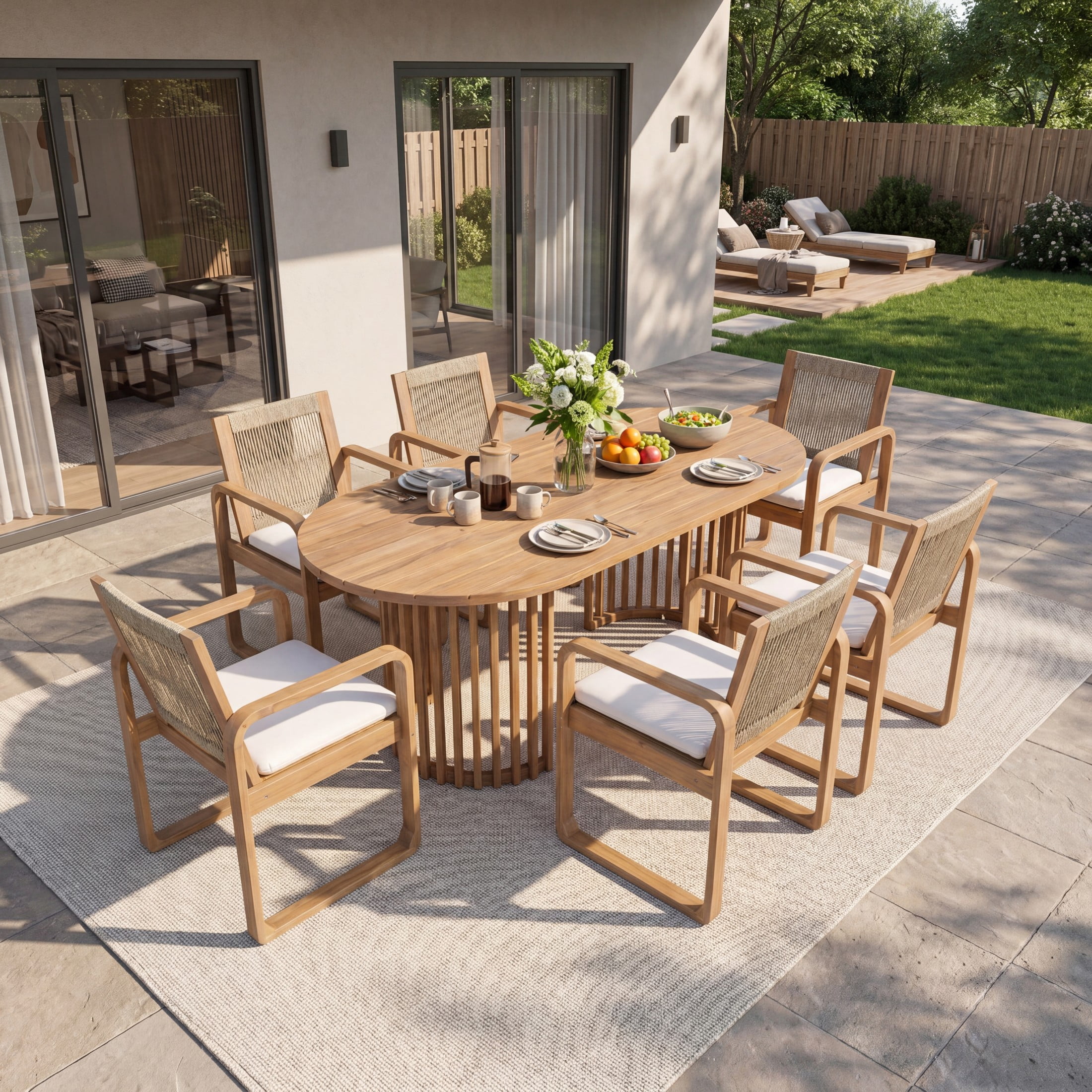 Christopher Knight Home 7-Piece Acacia Wood Patio Dining Set, Table with Rope Back Chairs, Light Teak + Beige