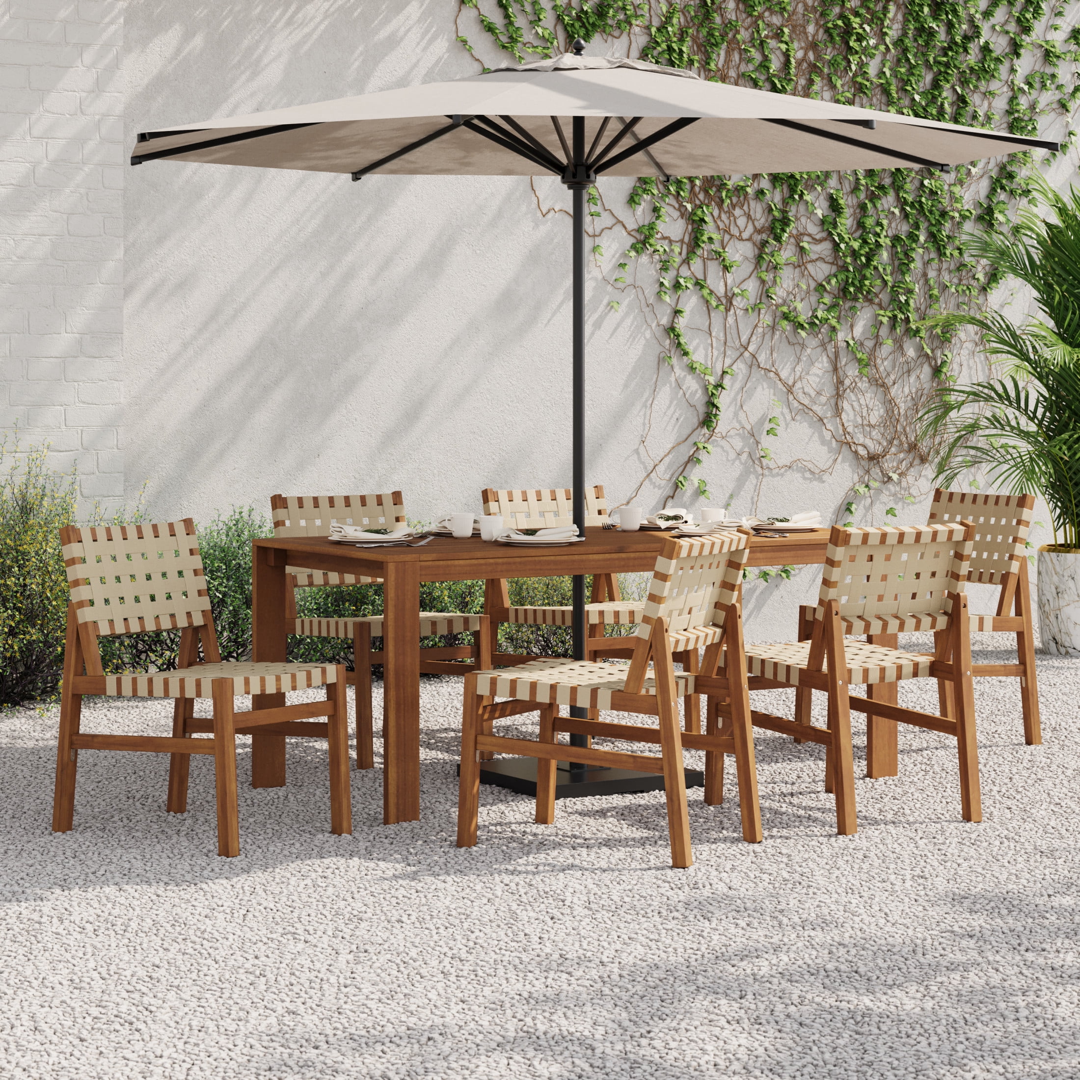 Christopher Knight Home 7-Piece Acacia Wood Patio Dining Set with Beige Rope Chairs and Slatted Table