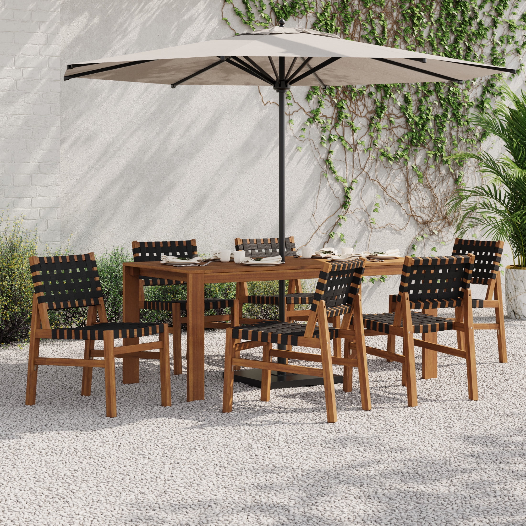 Christopher Knight Home 7-Piece Acacia Wood Patio Dining Set with Black Rope Chairs and Slatted Table