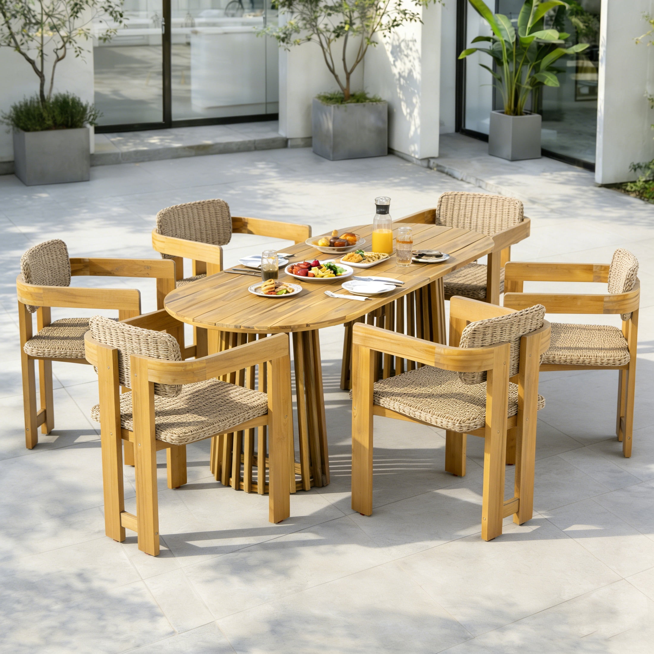 Christopher Knight Home 7-Piece Bohemian Outdoor Oval Dining Table with Rattan Armchairs, Light Brown+Teak