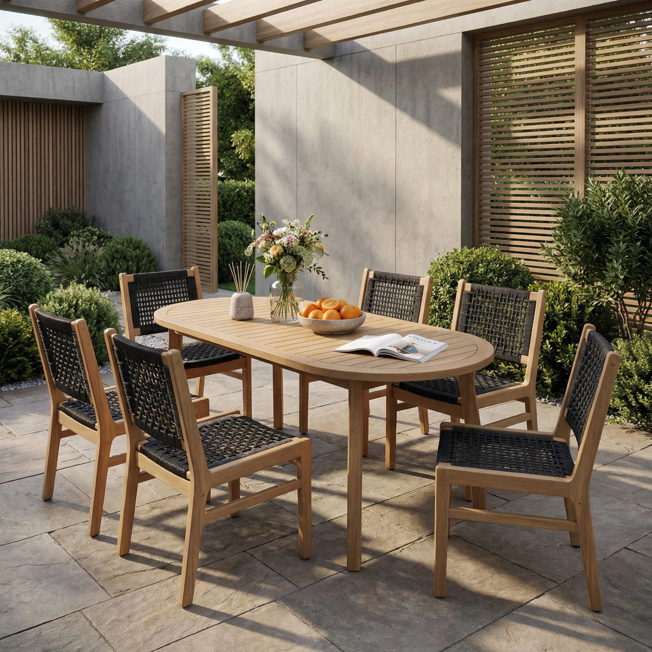 Christopher Knight Home 7-Piece Boho Patio Wooden Dining Set, Oval Table with Wicker Chairs, Black
