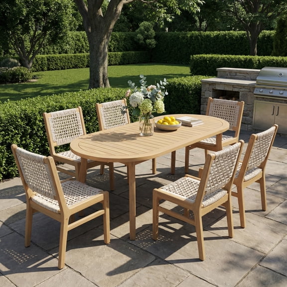 Christopher Knight Home 7-Piece Boho Patio Wooden Dining Set, Oval Table with Wicker Chairs, Light Gray