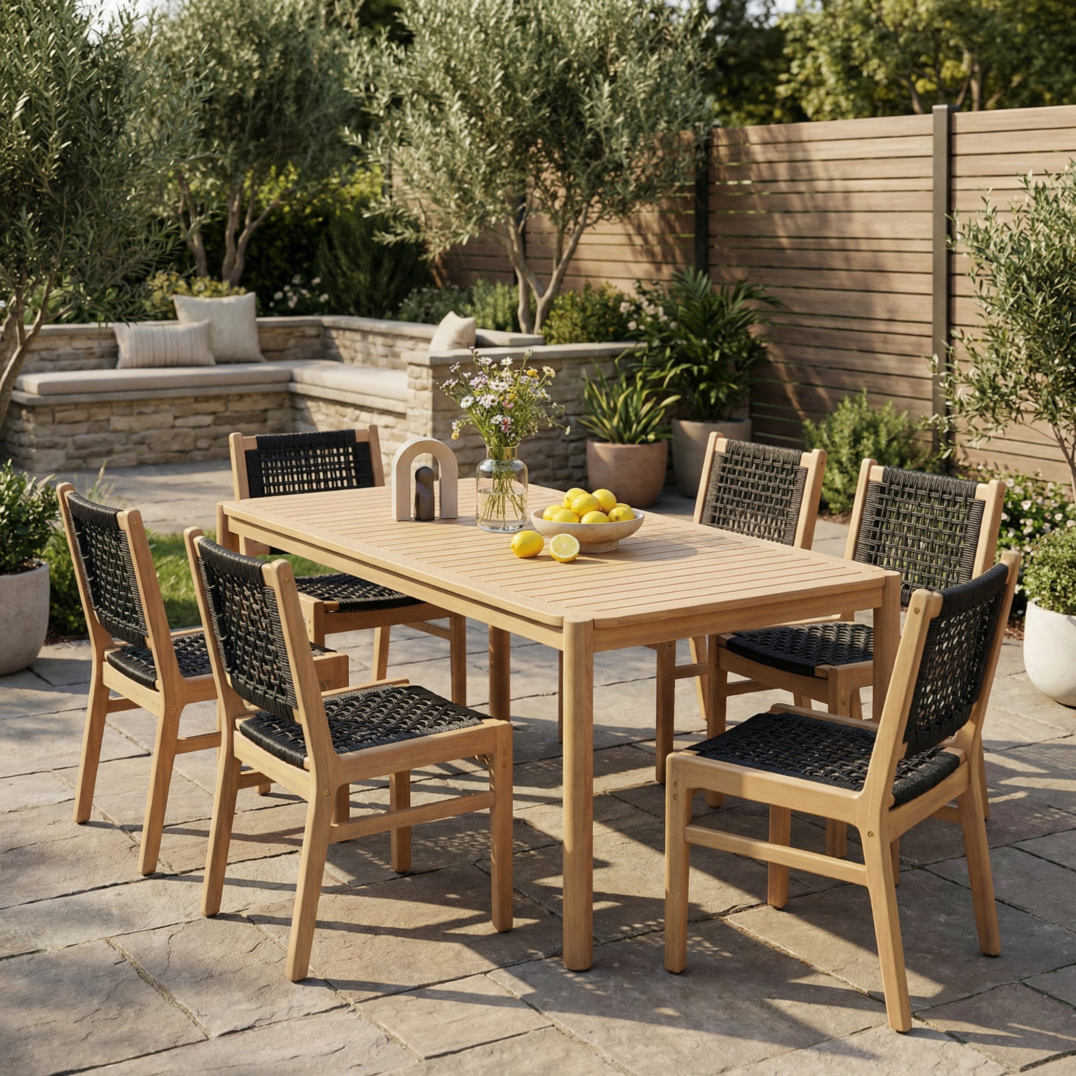 Christopher Knight Home 7-Piece Boho Patio Wooden Dining Set, Rectangular Table with Wicker Chairs, Black