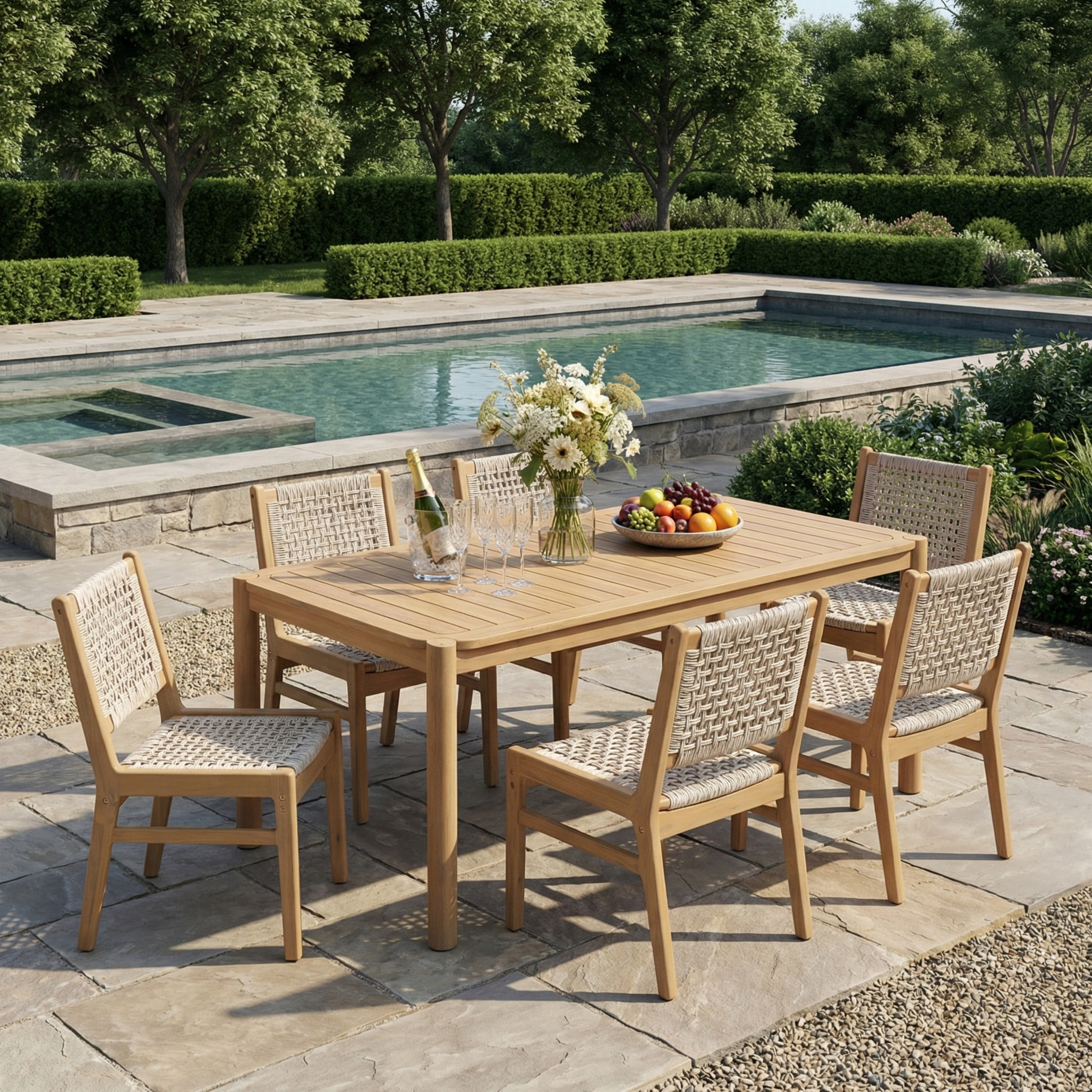 Christopher Knight Home 7-Piece Boho Patio Wooden Dining Set, Rectangular Table with Wicker Chairs, Light Gray