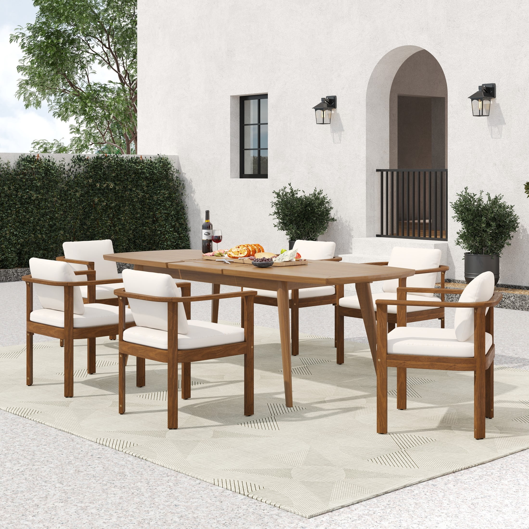 Christopher Knight Home 7-Piece Brown Outdoor Extendable Dining Table with Chairs, Cream Cushions