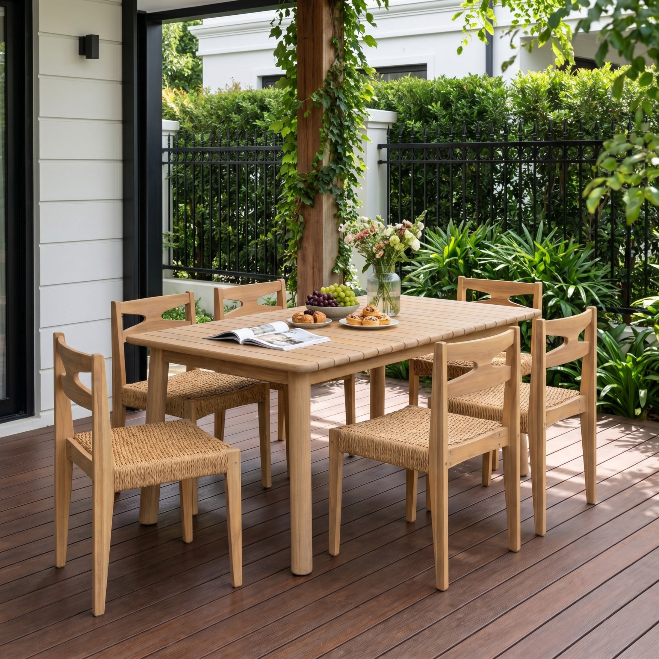Christopher Knight Home 7-Piece Coastal Extendable Acacia Wood Outdoor Dining Set, Light Teak