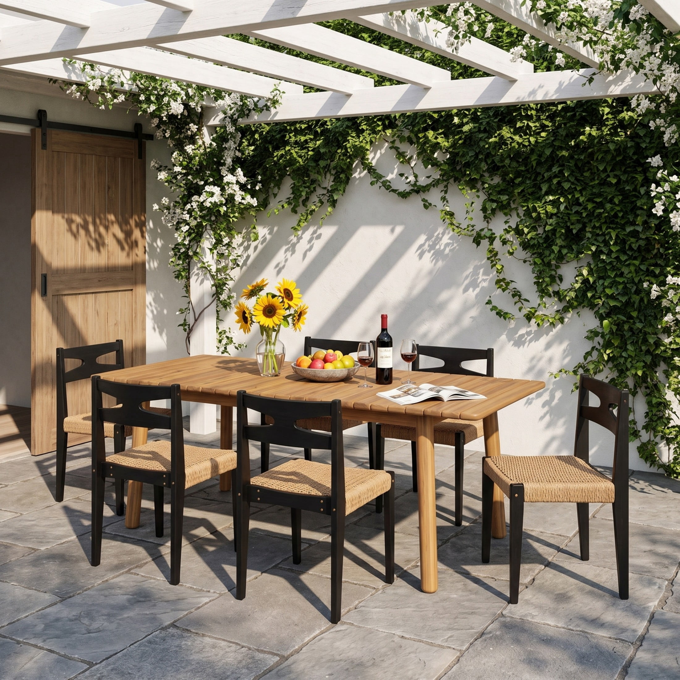 Christopher Knight Home 7-Piece Coastal Extendable Acacia Wood Outdoor Dining Set, Teak+Black