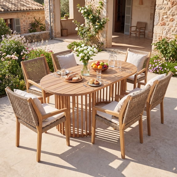 Christopher Knight Home 7-Piece Coastal Outdoor Dining Set, Oval Table and Wicker Chairs, Teak Cream