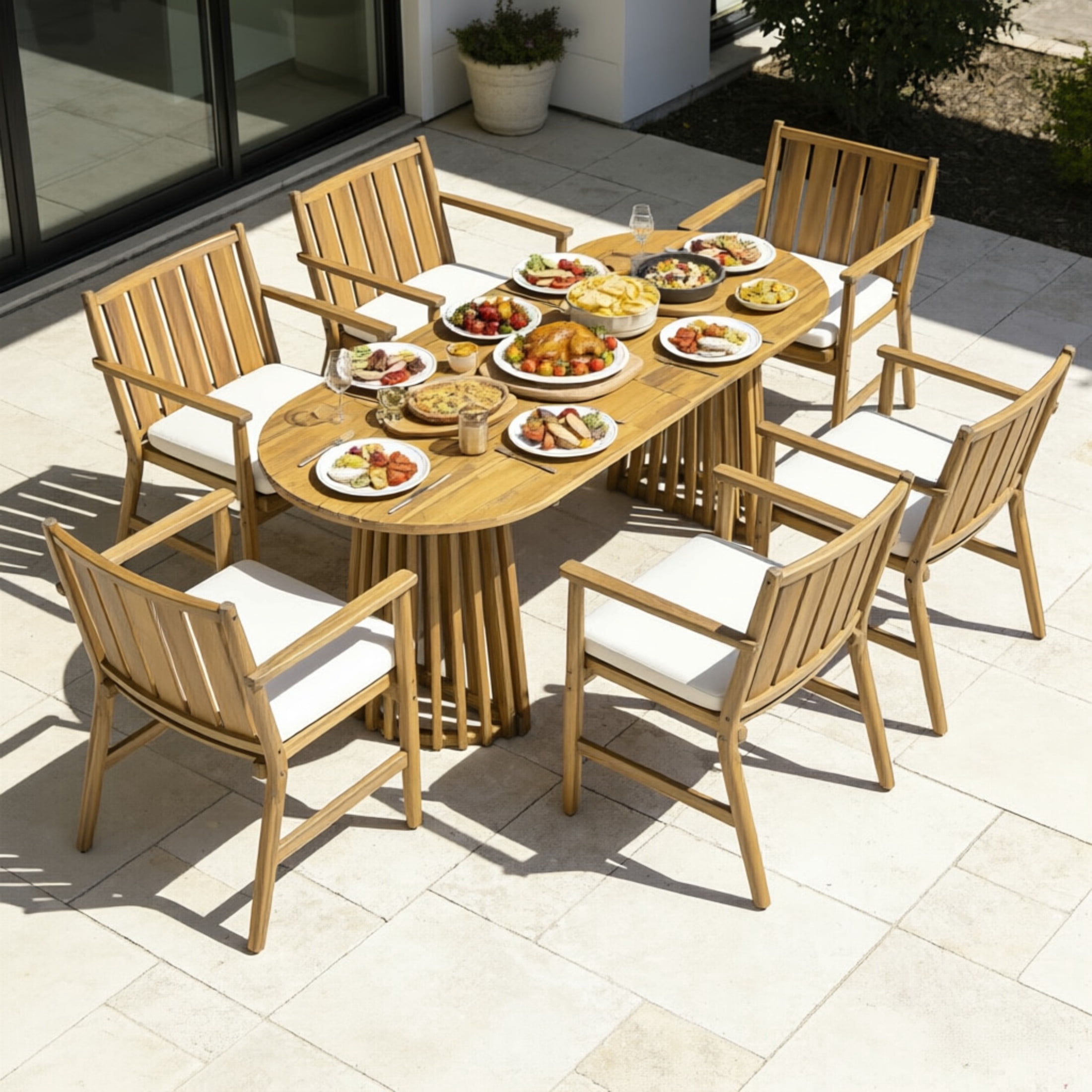 Christopher Knight Home 7-Piece Coastal Outdoor Dining Set with Oval Table and Armchairs, Teak+Beige