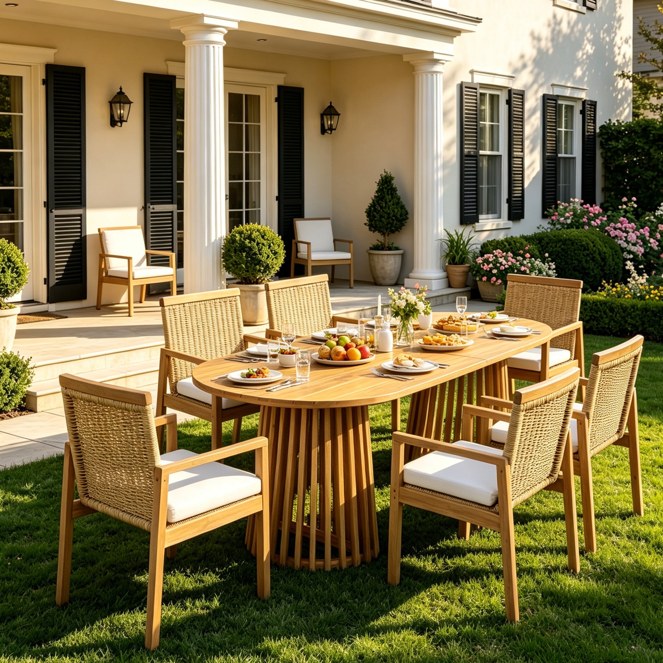 Christopher Knight Home 7-Piece Coastal Outdoor Wood Dining Set, Teak Oval Table and Light Teak Wicker Chairs