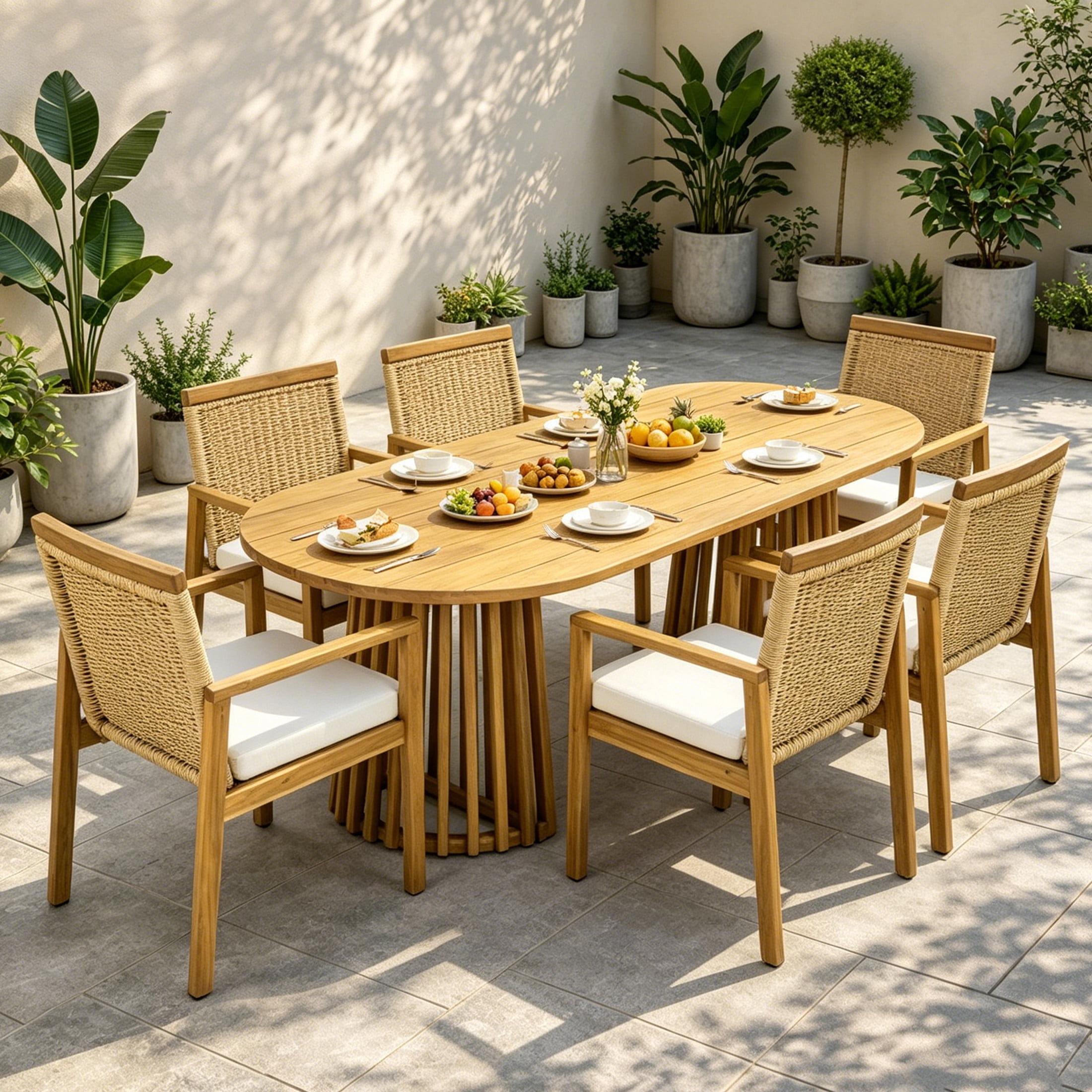 Christopher Knight Home 7-Piece Coastal Outdoor Wood Dining Set, Teak Oval Table and Natural Wicker Chairs