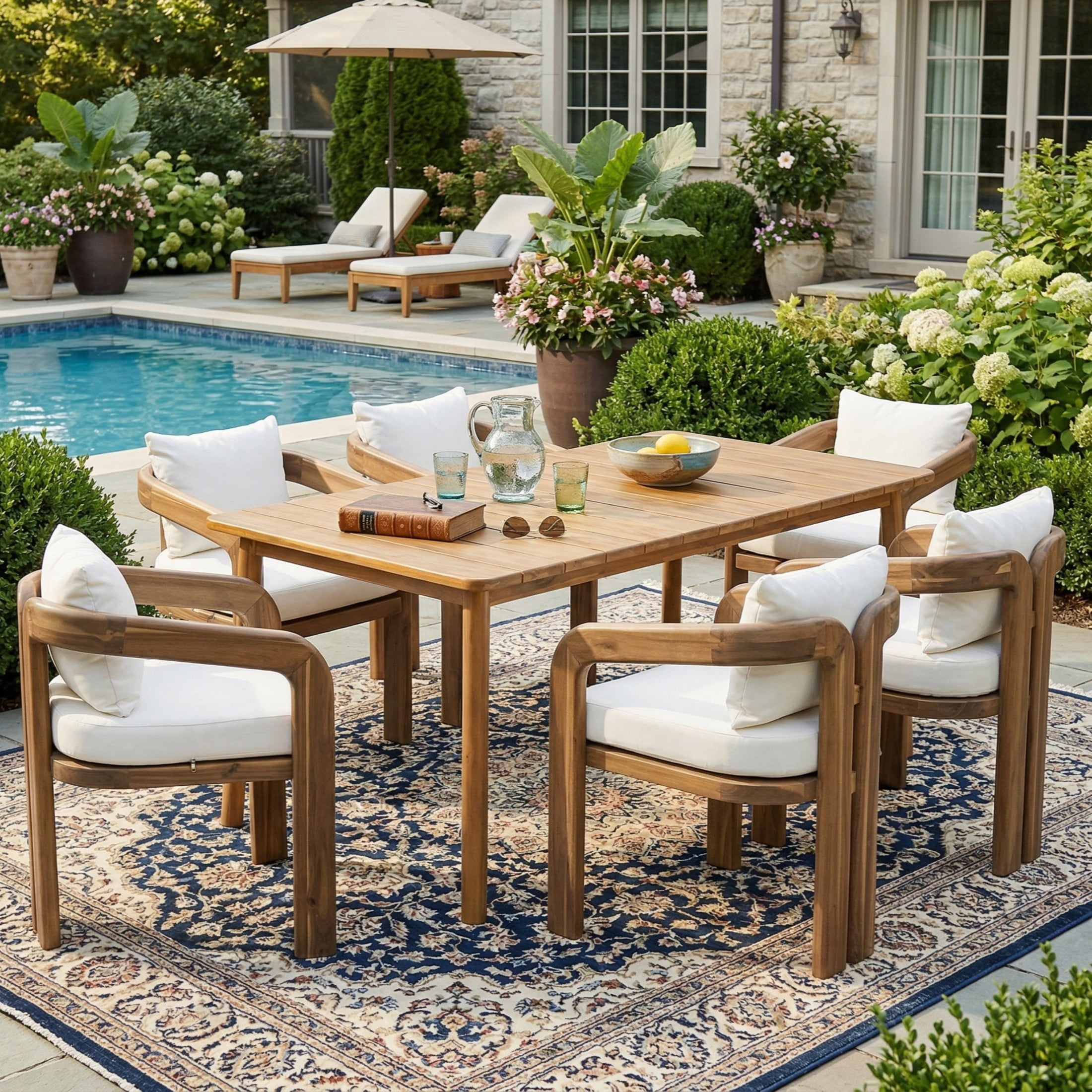 Christopher Knight Home 7-Piece Coastal Patio Dining Set with Cushion, Acacia Wood Frame, Natural+Cream