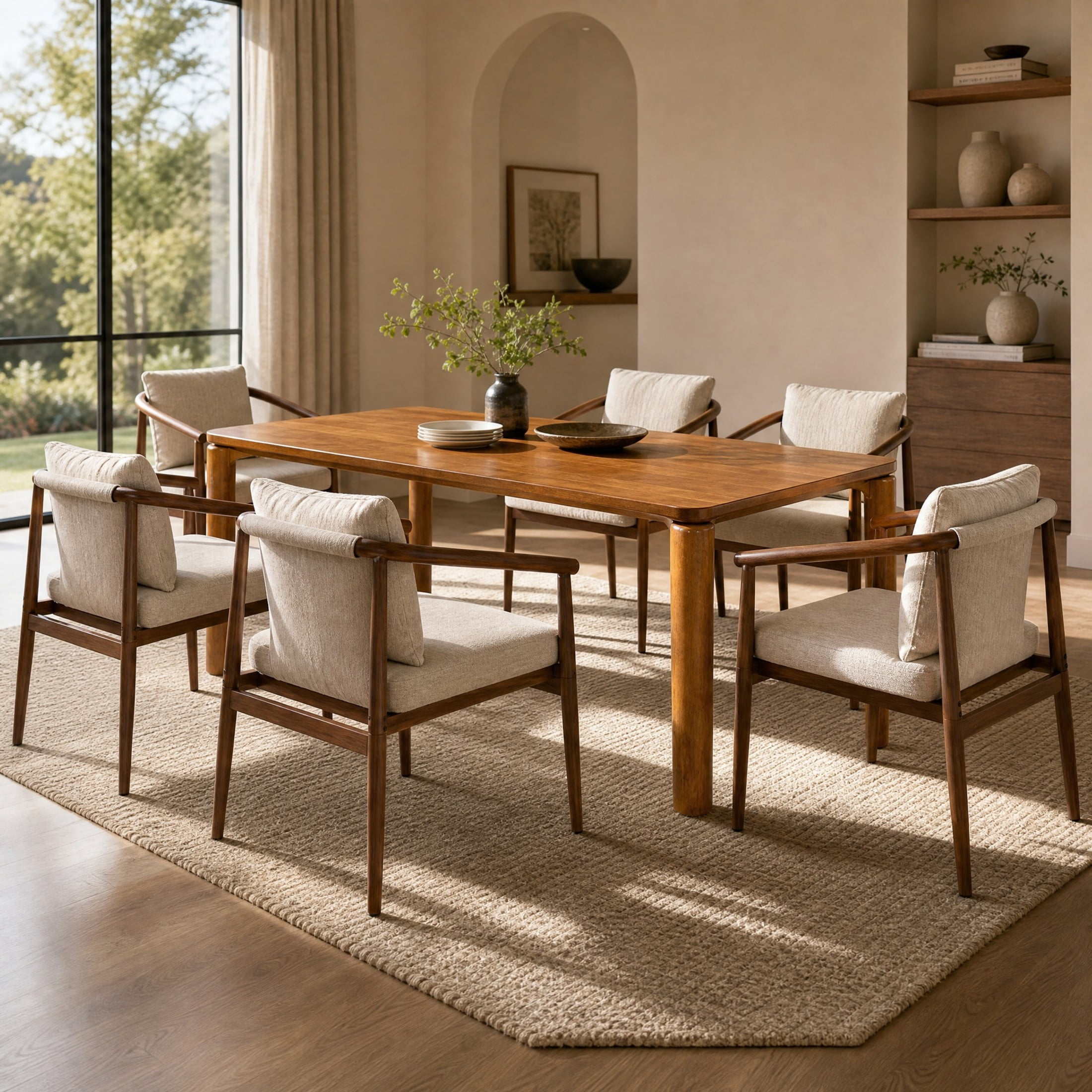 Christopher Knight Home 7-Piece Contemporary Dining Set, 70" Table with Iron Chairs and Cushion, Walnut+Beige