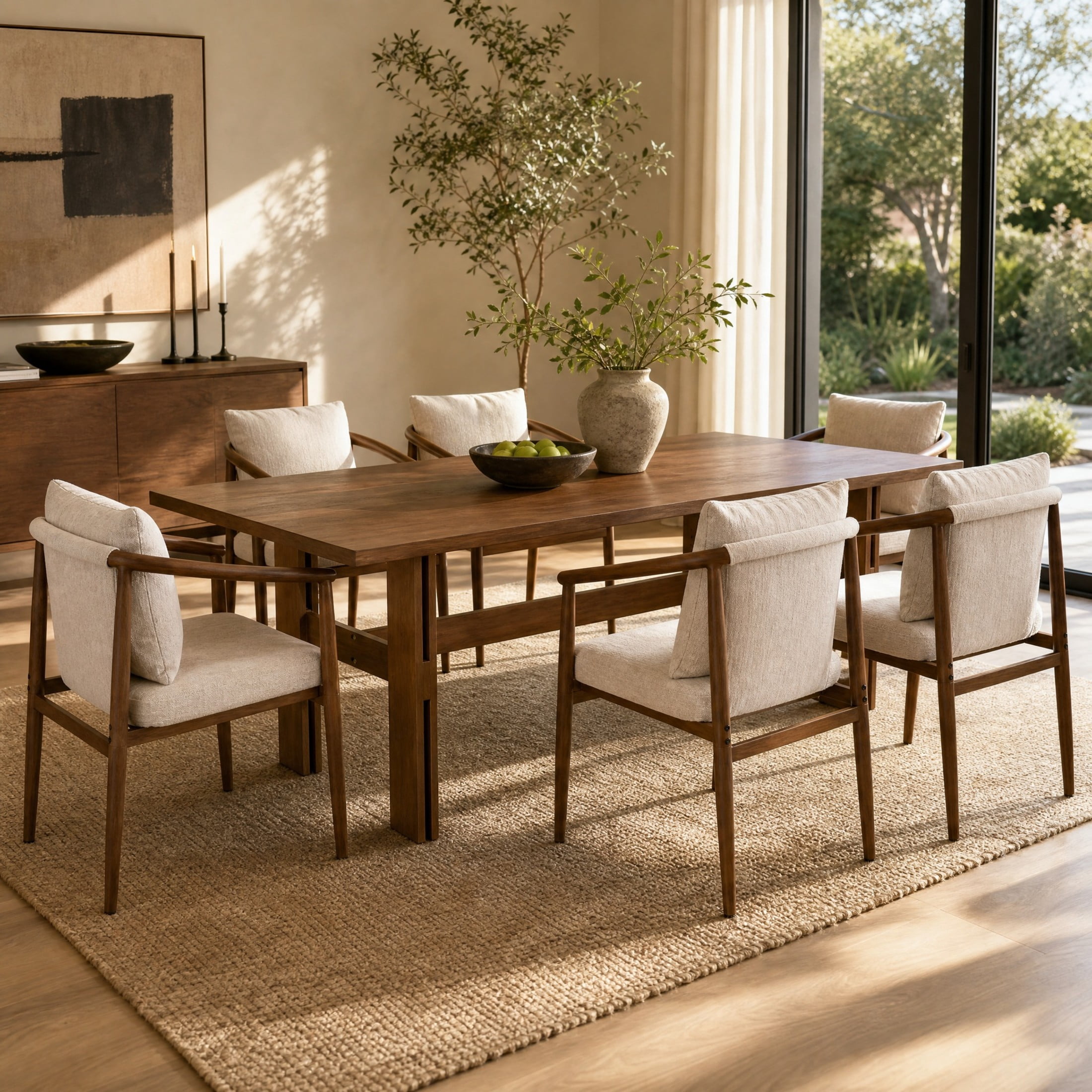 Christopher Knight Home 7-Piece Contemporary Dining Set, 71" Table with Iron Chairs and Cushion, Walnut+Beige