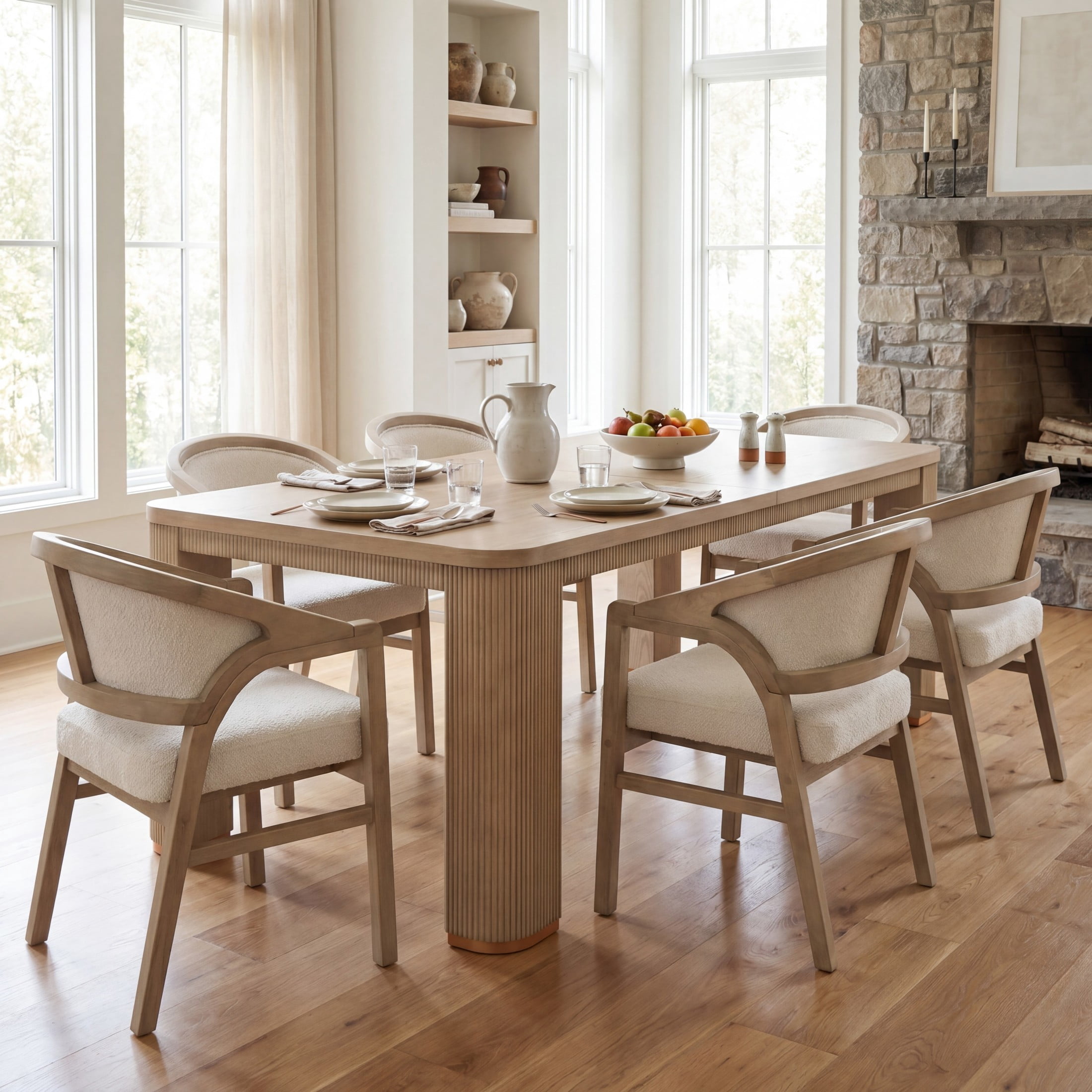 Christopher Knight Home 7-Piece Contemporary Dining Set, 90" Table with Boucle Upholstered Chairs, Light Ash