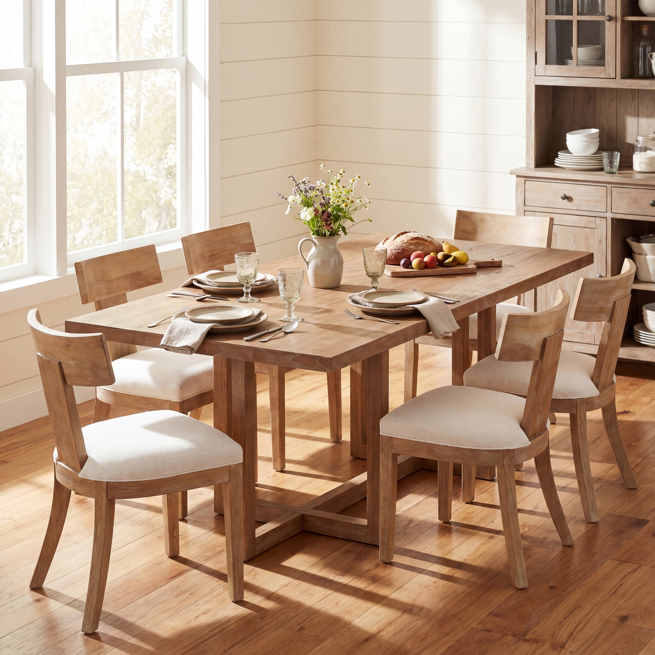 Christopher Knight Home 7-Piece Contemporary Dining Set, 95" Table with Upholstered Chairs, Natural+Beige