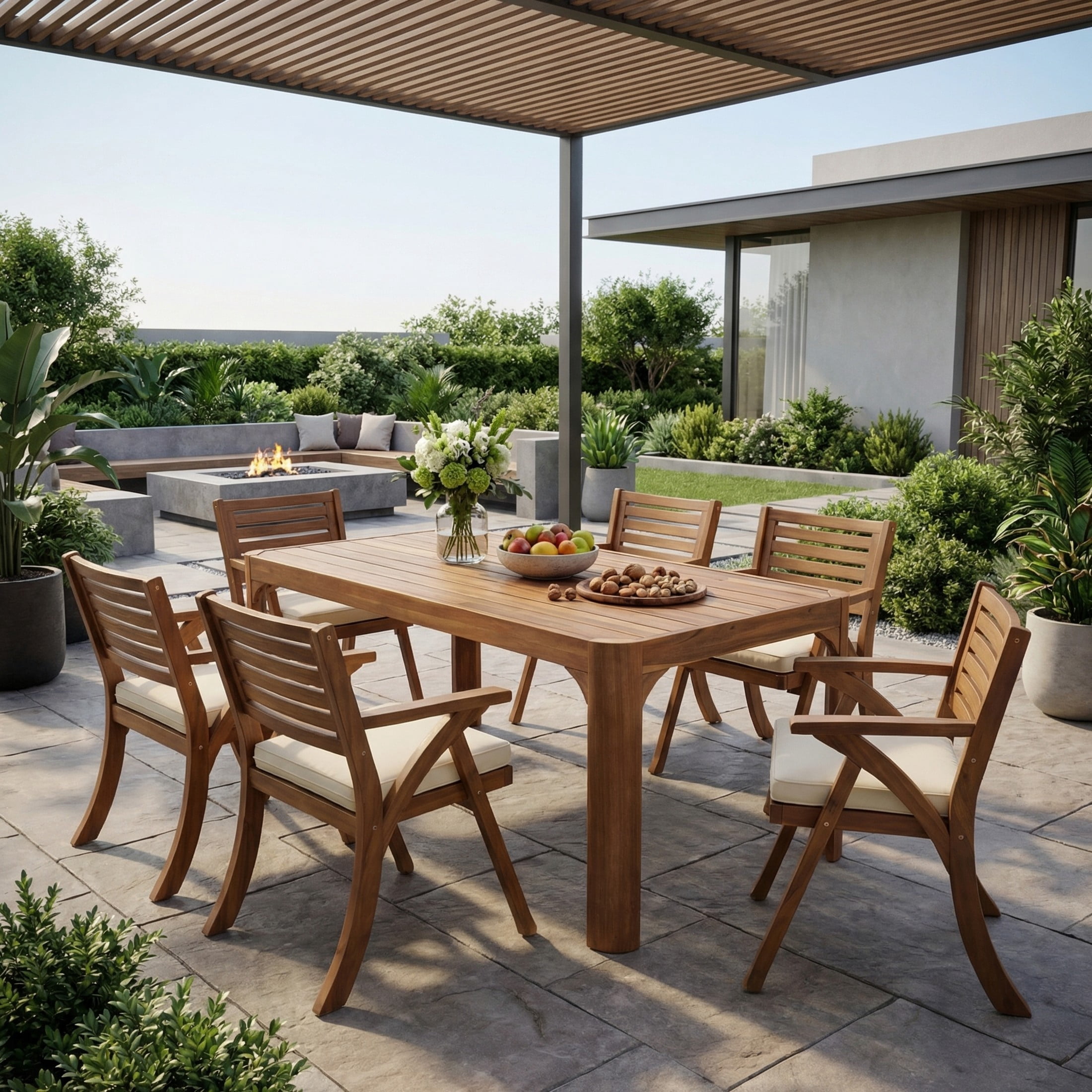Christopher Knight Home 7-Piece Contemporary Outdoor Acacia Wood Dining Set with Cream Cushion, Teak