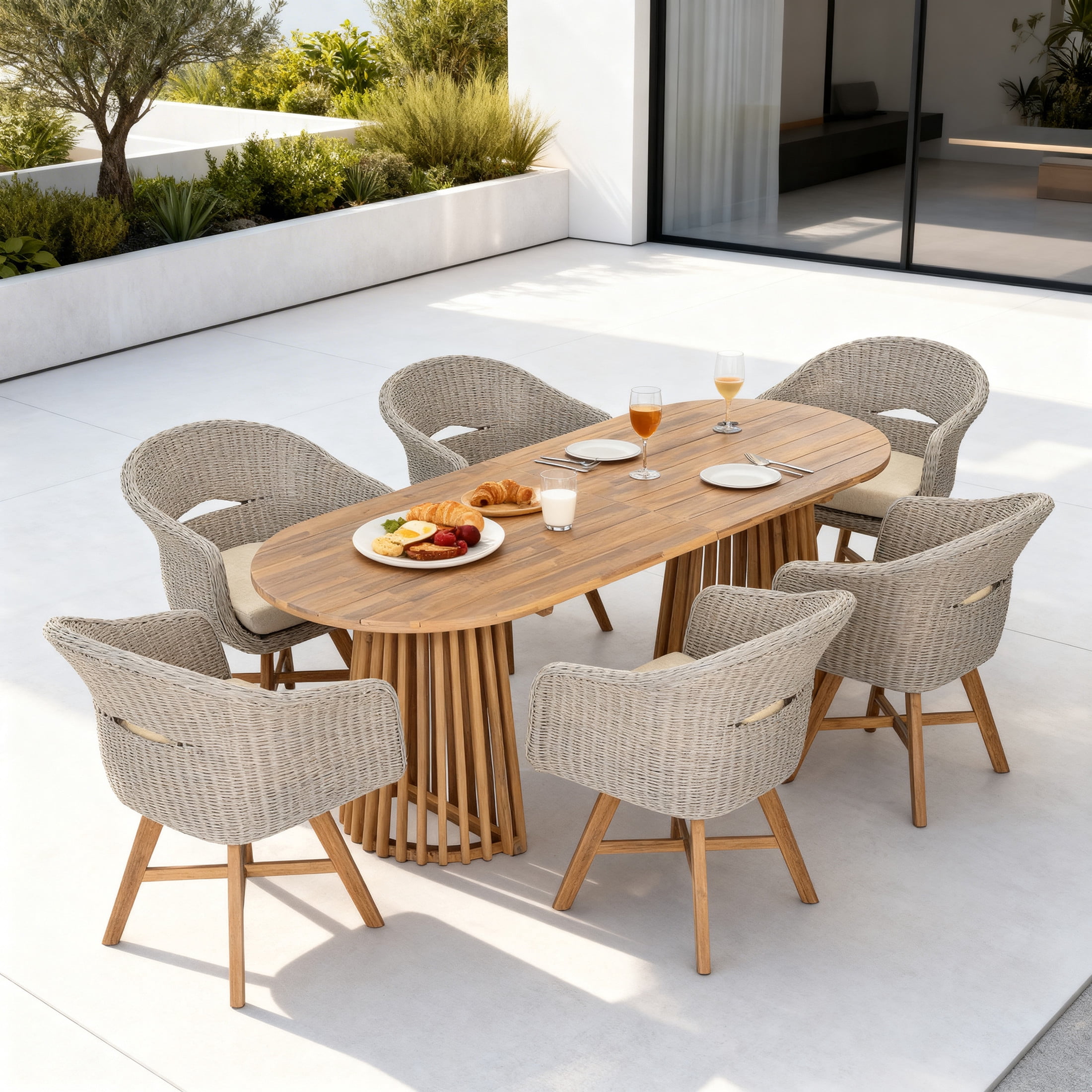 Christopher Knight Home 7-Piece Contemporary Outdoor Dining Set with Rattan Armchairs and Beige Cushion