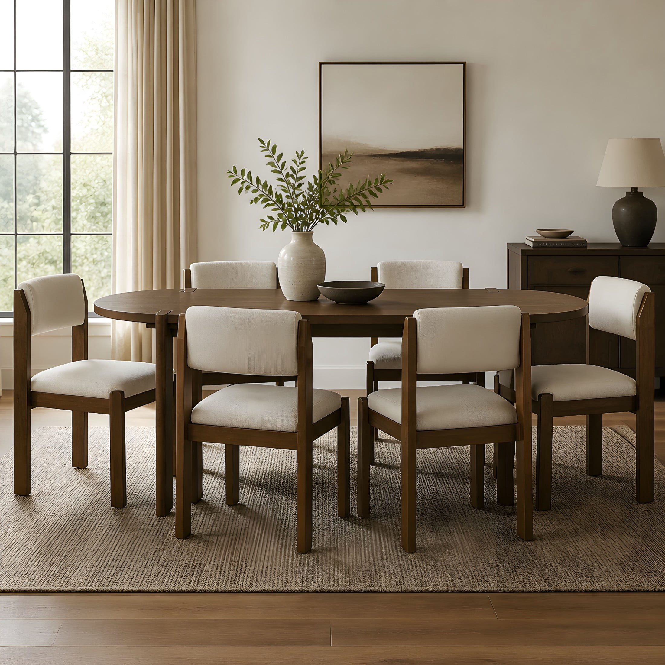 Christopher Knight Home 7-Piece Dining Set, 71" Oval Table with Upholstered Chairs, Walnut+Beige