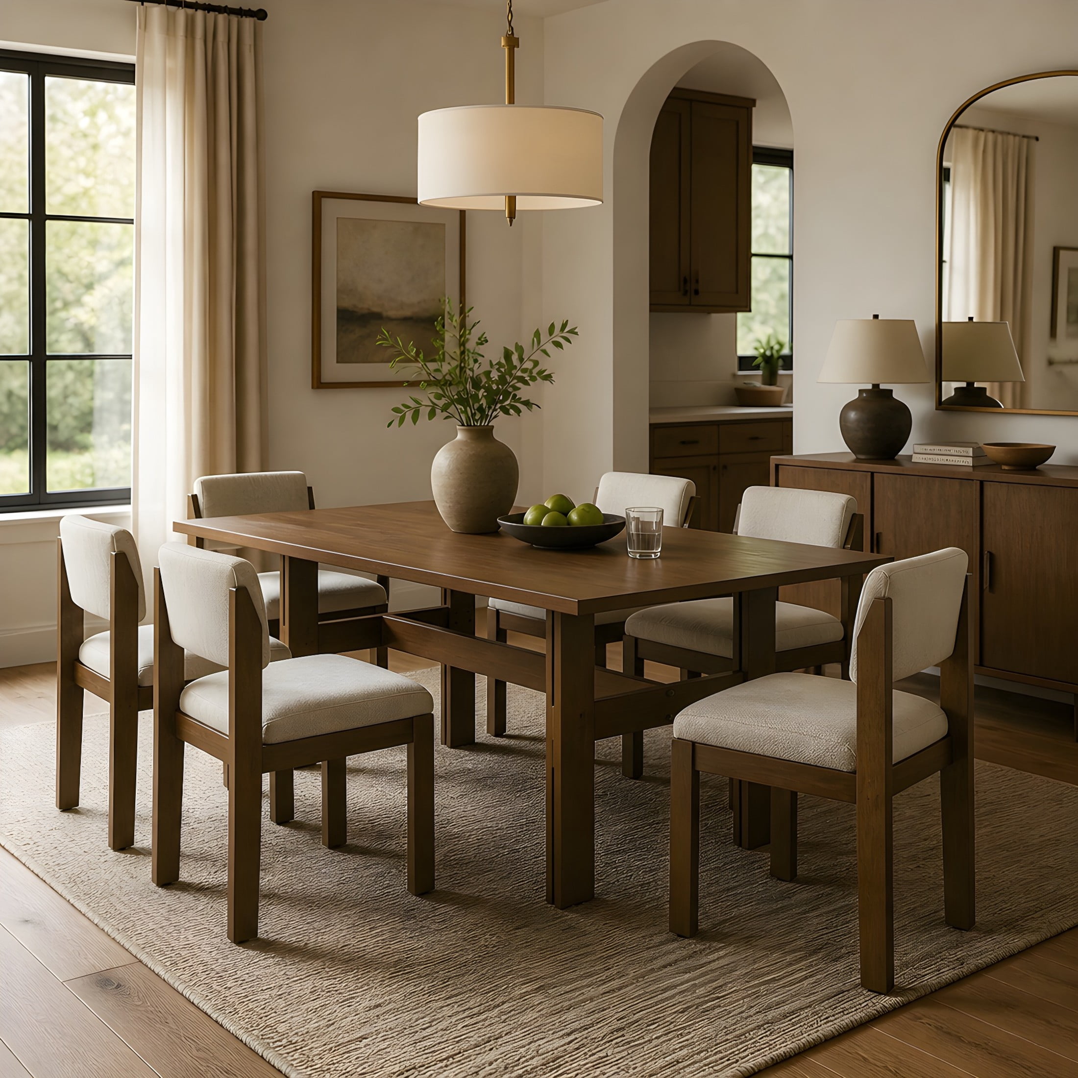 Christopher Knight Home 7-Piece Dining Set, 71" Rectangular Table with Upholstered Chairs, Walnut+Beige