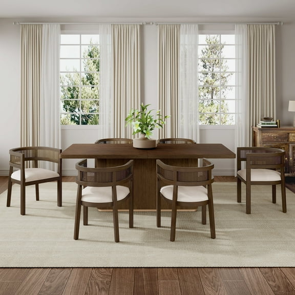 Christopher Knight Home 7-Piece Dining Set, 84" Rectangular Table with Beige Upholstered Ladder Back Chairs