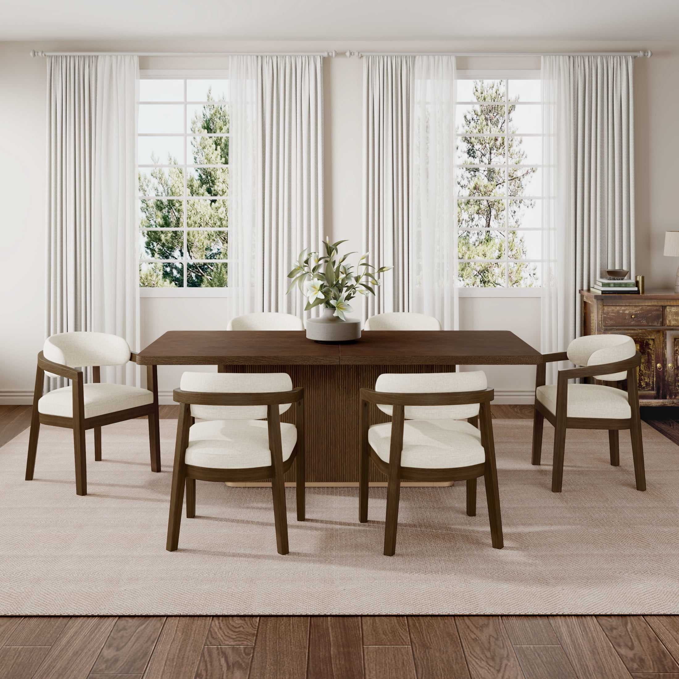 Christopher Knight Home 7-Piece Dining Set, 84" Rectangular Table with Beige Upholstered Open-Back Arm Chairs