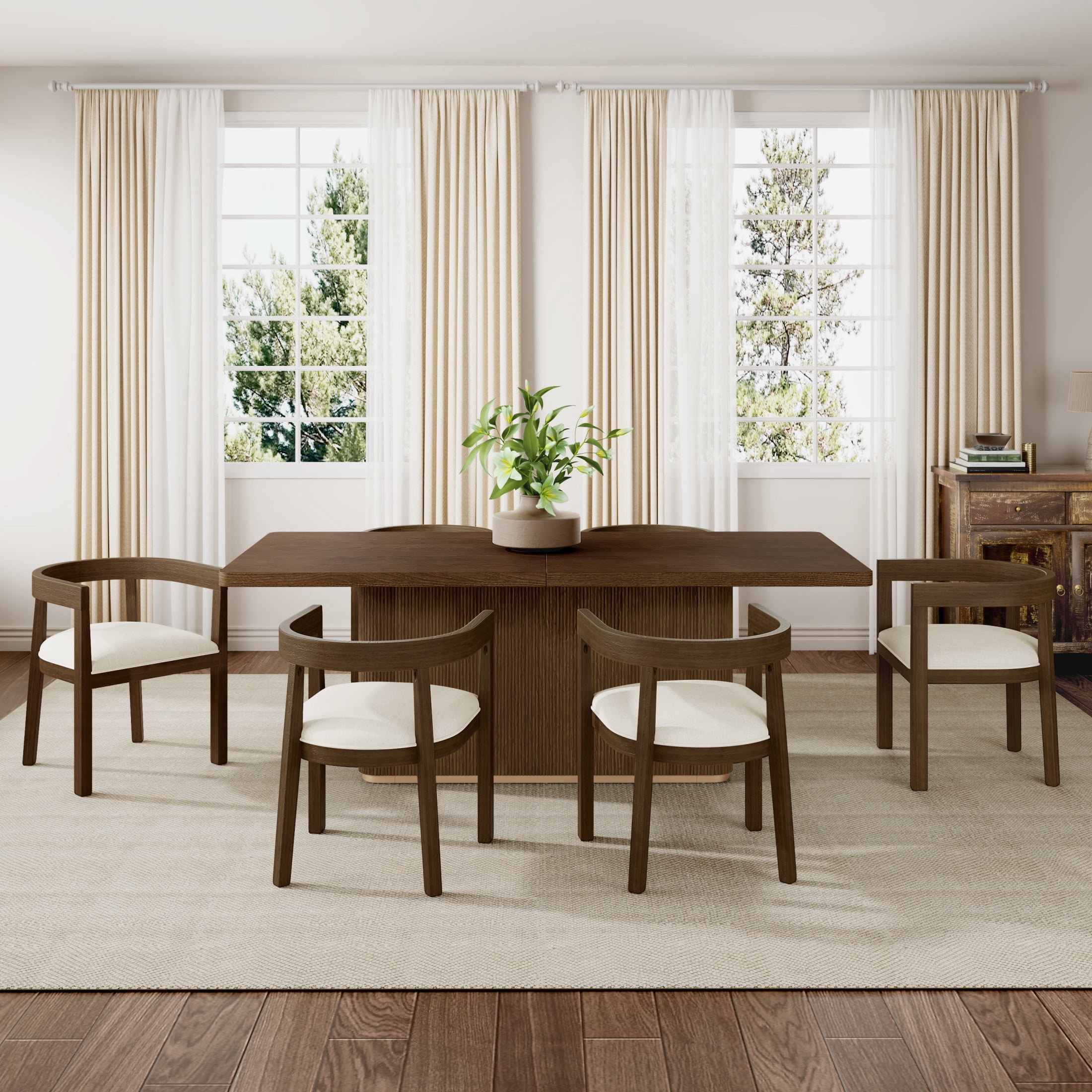 Christopher Knight Home 7-Piece Dining Set, 84" Walnut Rectangular Table with 6 Beige Upholstered Arm Chairs