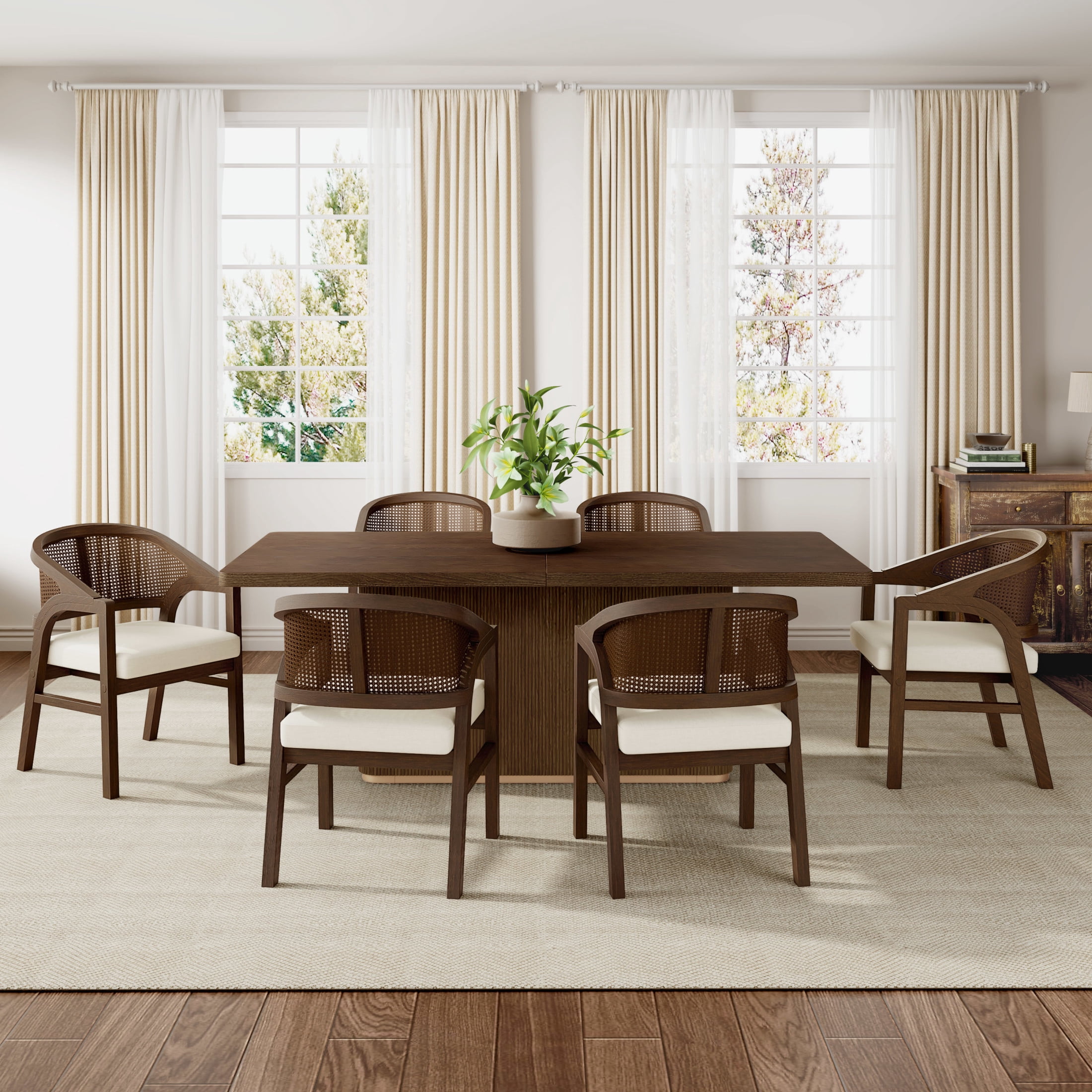 Christopher Knight Home 7-Piece Dining Set, 84" Walnut Rectangular Table with Rattan Back Beige Upholstered Chairs