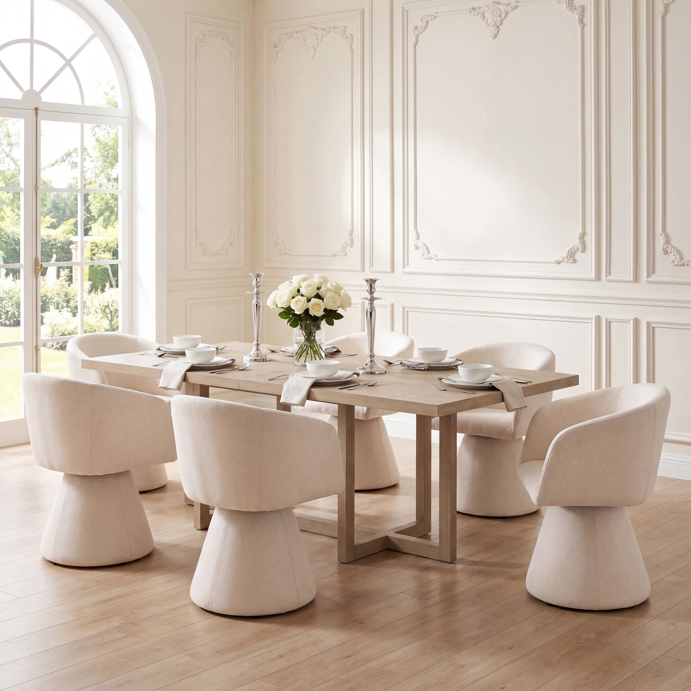Christopher Knight Home 7-Piece Dining Set, 95" Table with Swivel Upholstered Chairs, Light Ash+Beige