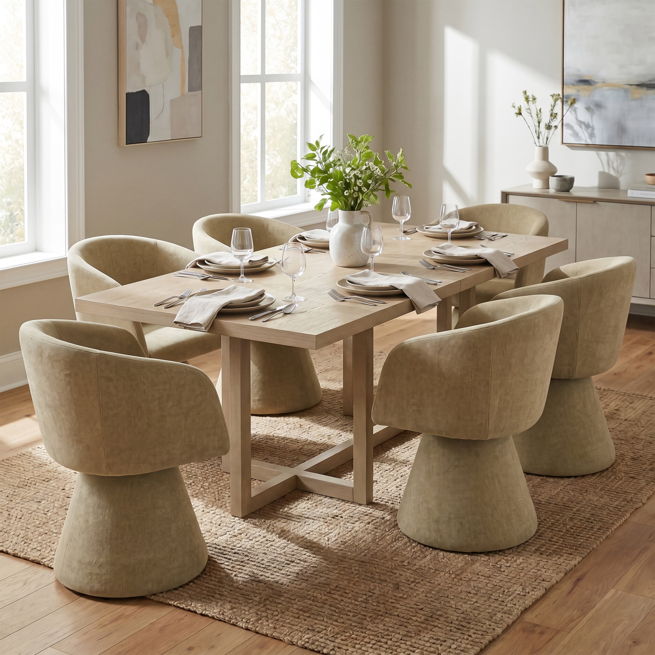 Christopher Knight Home 7-Piece Dining Set, 95" Table with Swivel Upholstered Chairs, Light Ash+Moss Green