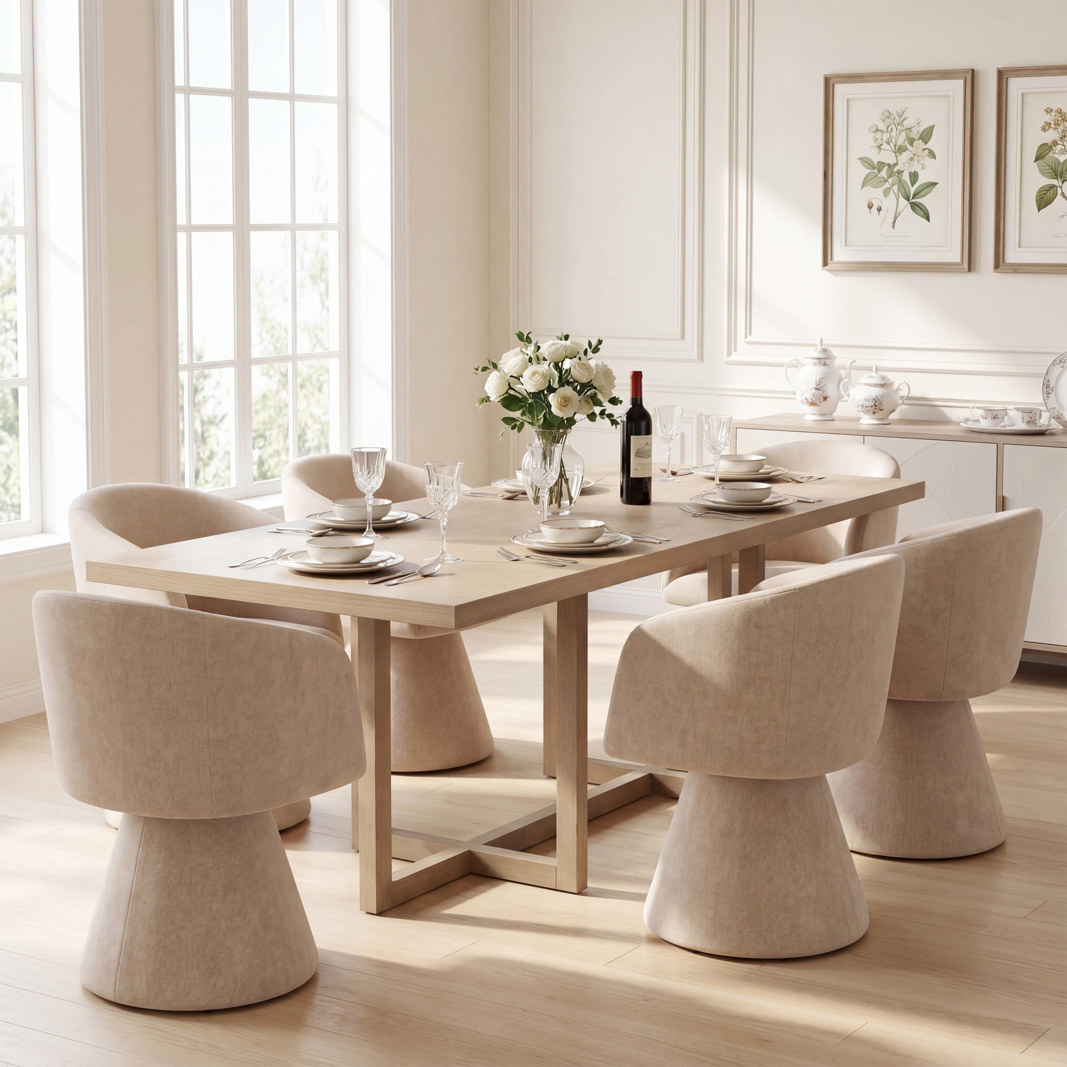 Christopher Knight Home 7-Piece Dining Set, 95" Table with Swivel Upholstered Chairs, Light Ash+Oatmeal