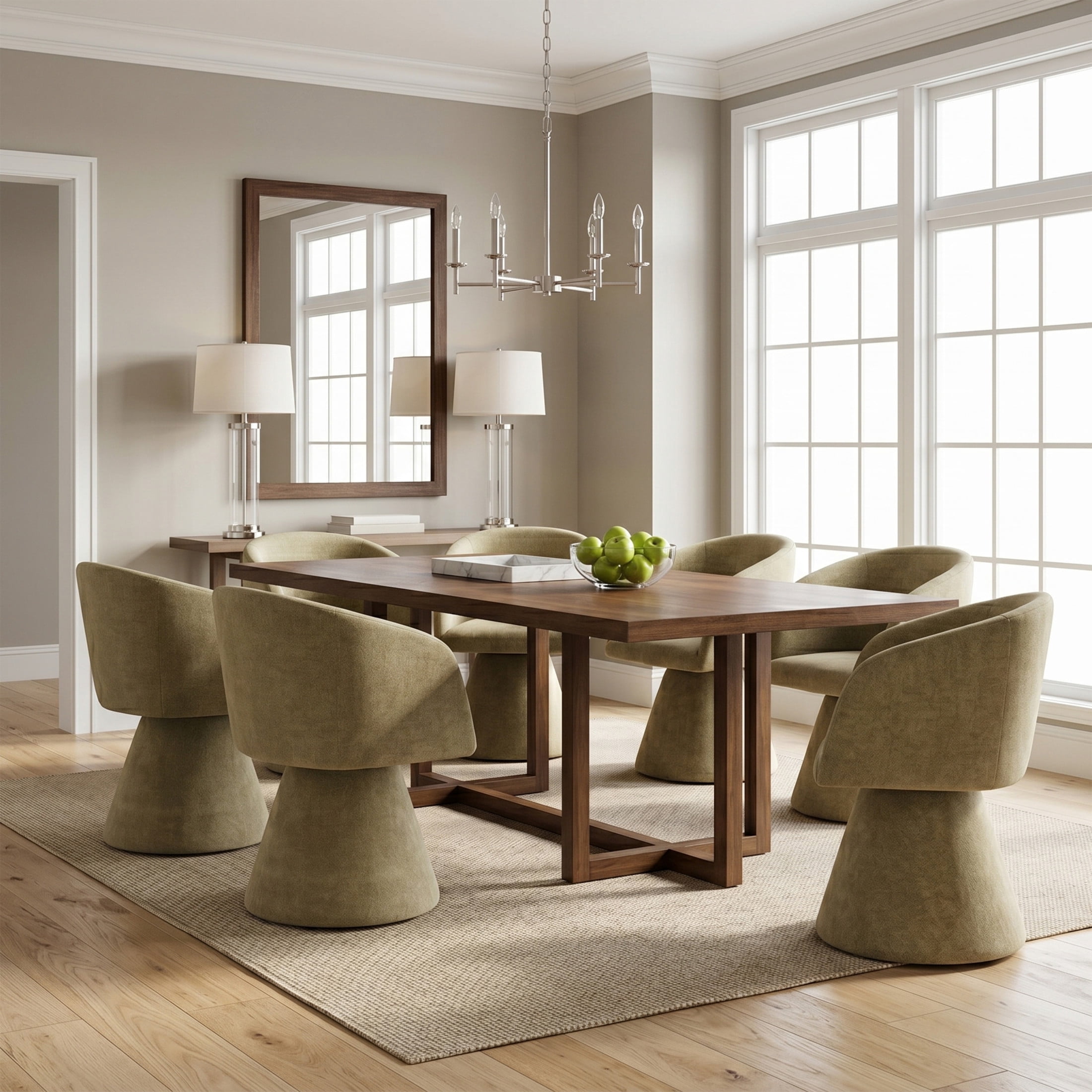 Christopher Knight Home 7-Piece Dining Set, 95" Table with Swivel Upholstered Chairs, Walnut+Moss Green