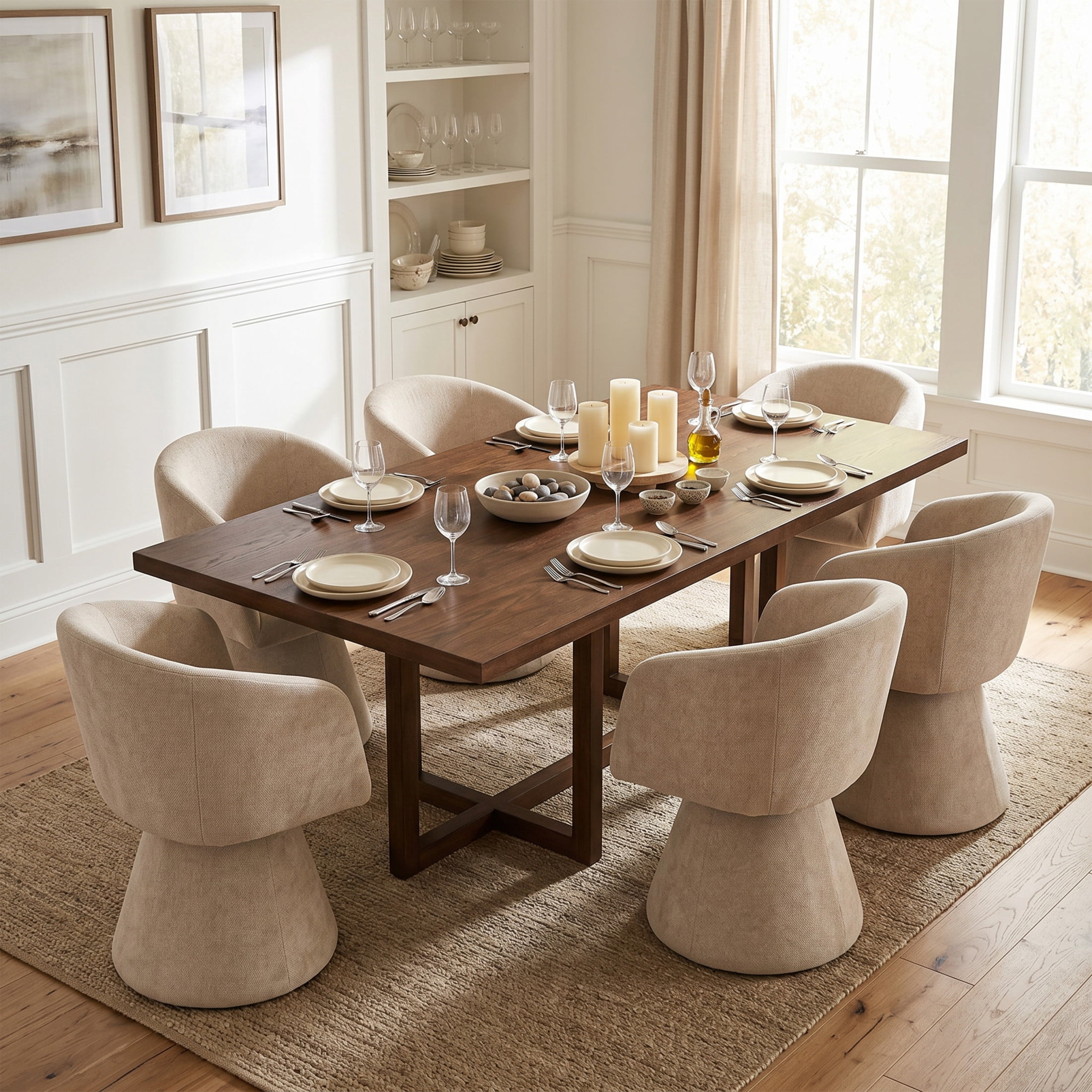 Christopher Knight Home 7-Piece Dining Set, 95" Table with Swivel Upholstered Chairs, Walnut+Oatmeal