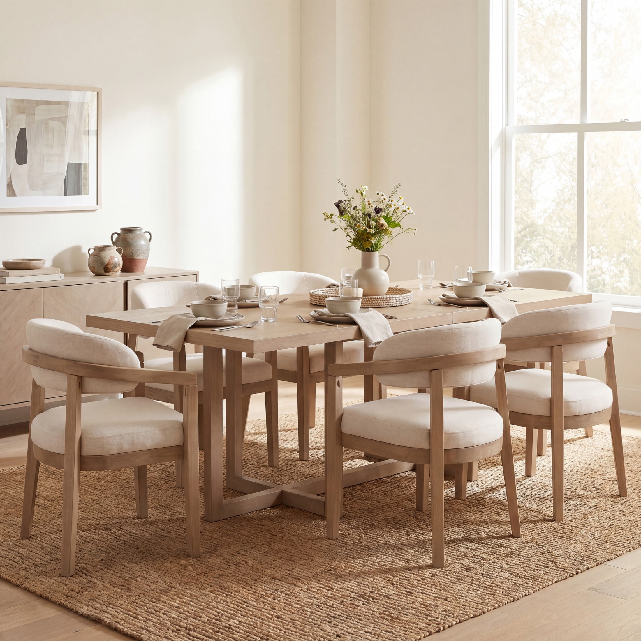 Christopher Knight Home 7-Piece Dining Set, 95" Table with Upholstered Open-Back Chairs, Light Ash+Beige