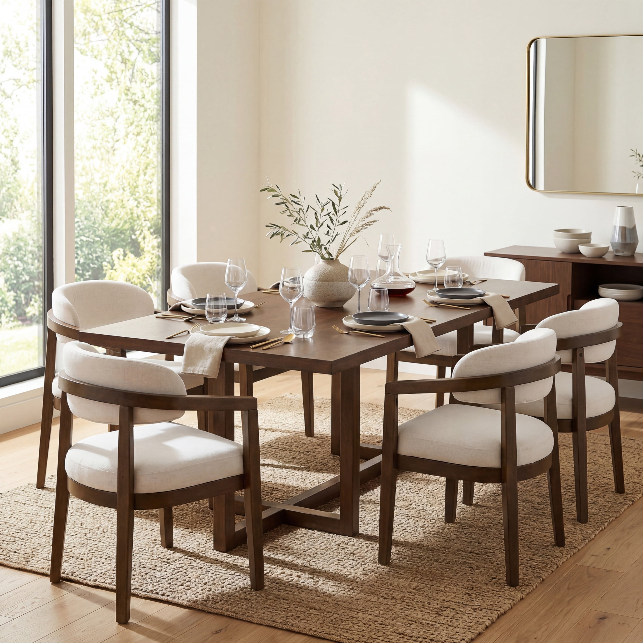 Christopher Knight Home 7-Piece Dining Set, 95" Table with Upholstered Open-Back Chairs, Walnut+Beige