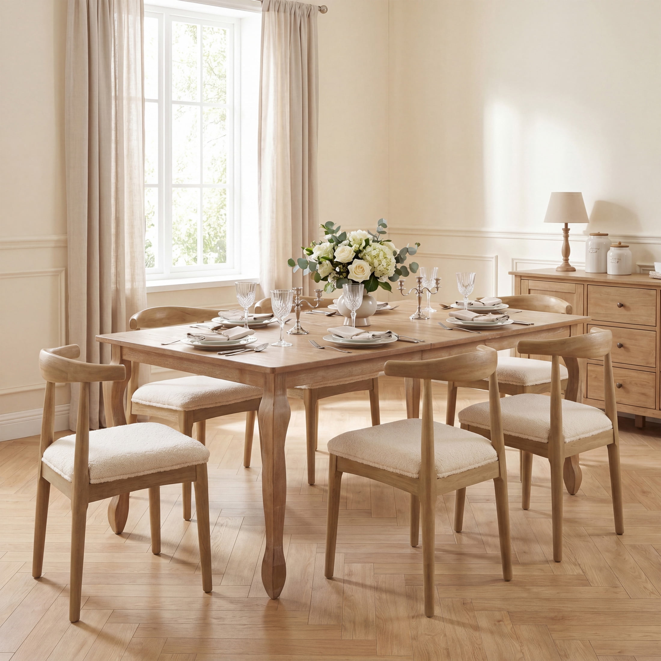 Christopher Knight Home 7-Piece Dining Set, Expandable Rubberwood Table, Upholstered Chairs, Natural+Ivory