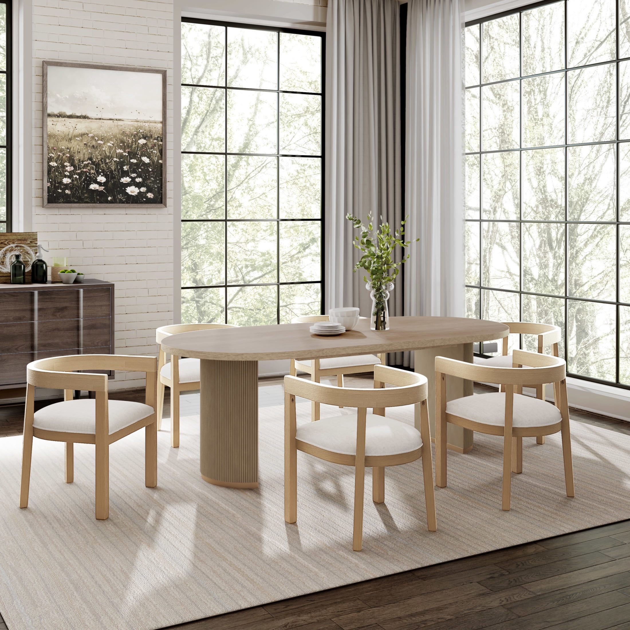 Christopher Knight Home 7-Piece Dining Set, Light Ash Oval Table Double Pedestal, 6 Beige Upholstered Chairs