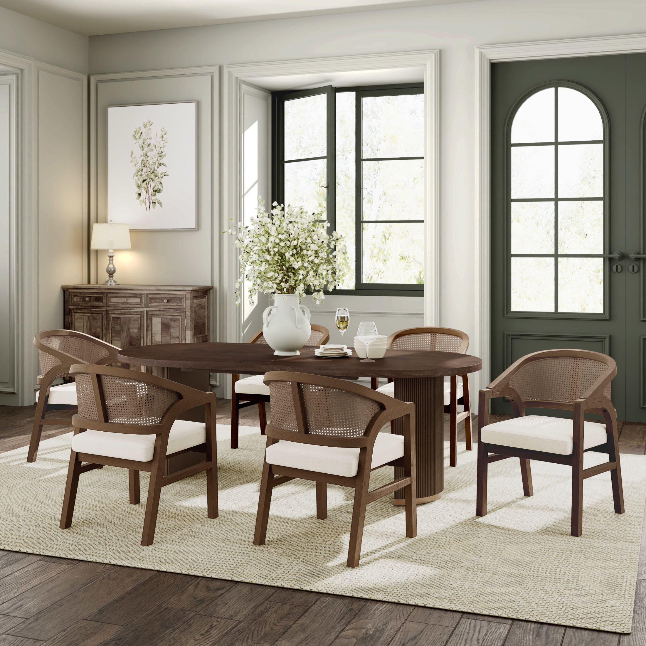Christopher Knight Home 7-Piece Dining Set, Oval Double Pedestal Table and Rattan Back Wooden Chairs, Walnut+Beige