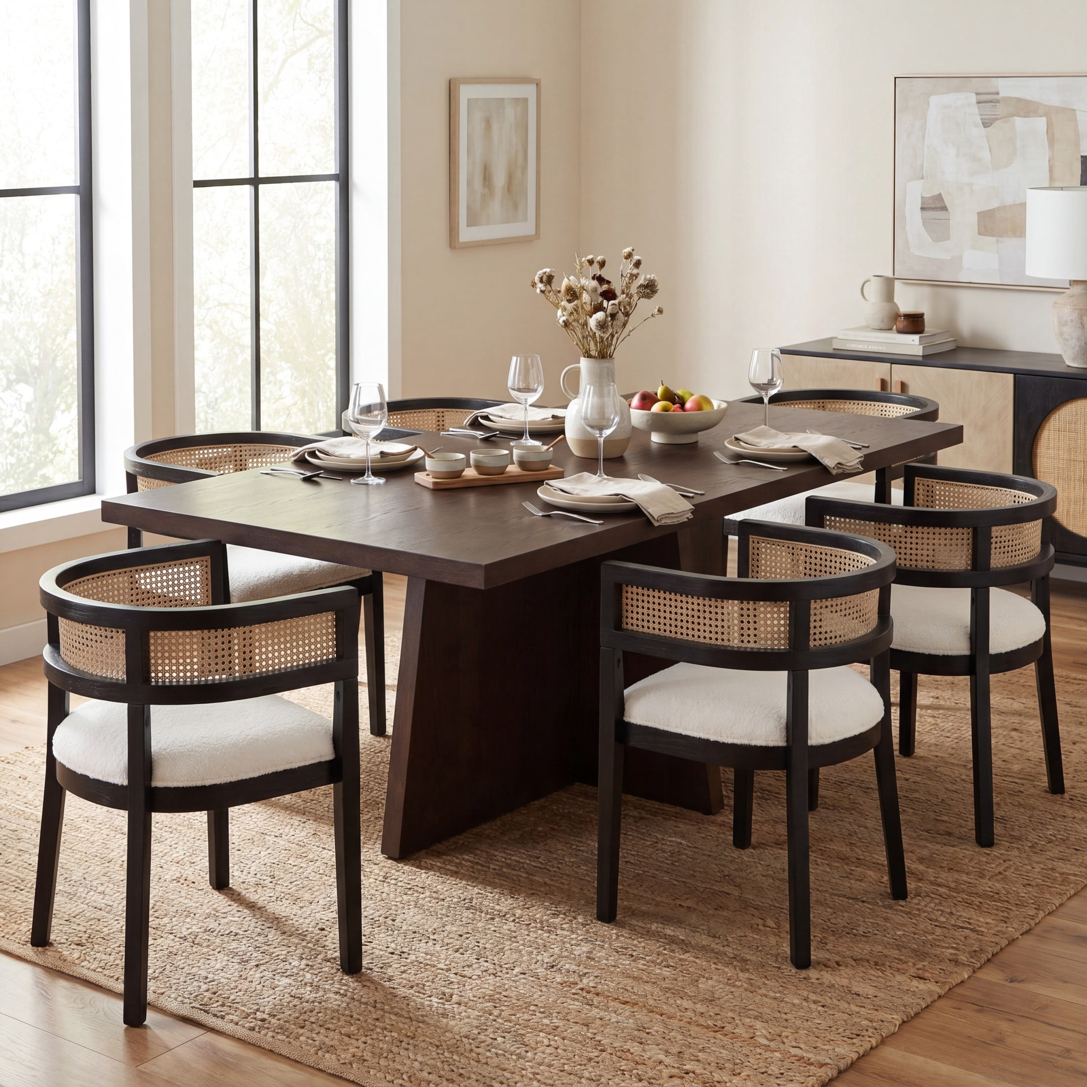 Christopher Knight Home 7-Piece Dining Set, Rectangle Table with Upholstered Wood Chairs, Espresso+Black