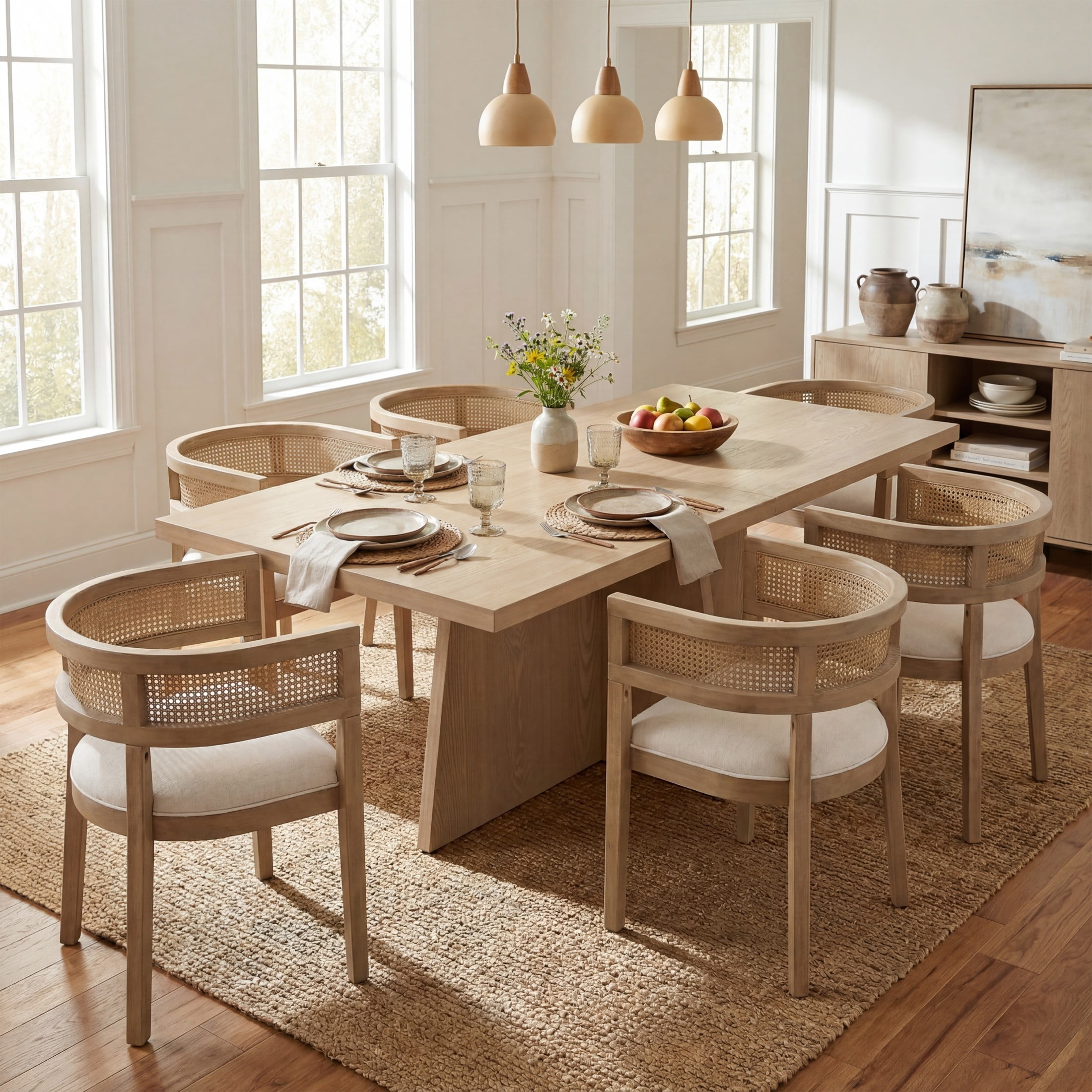 Christopher Knight Home 7-Piece Dining Set, Rectangle Table with Upholstered Wood Chairs, Light Ash