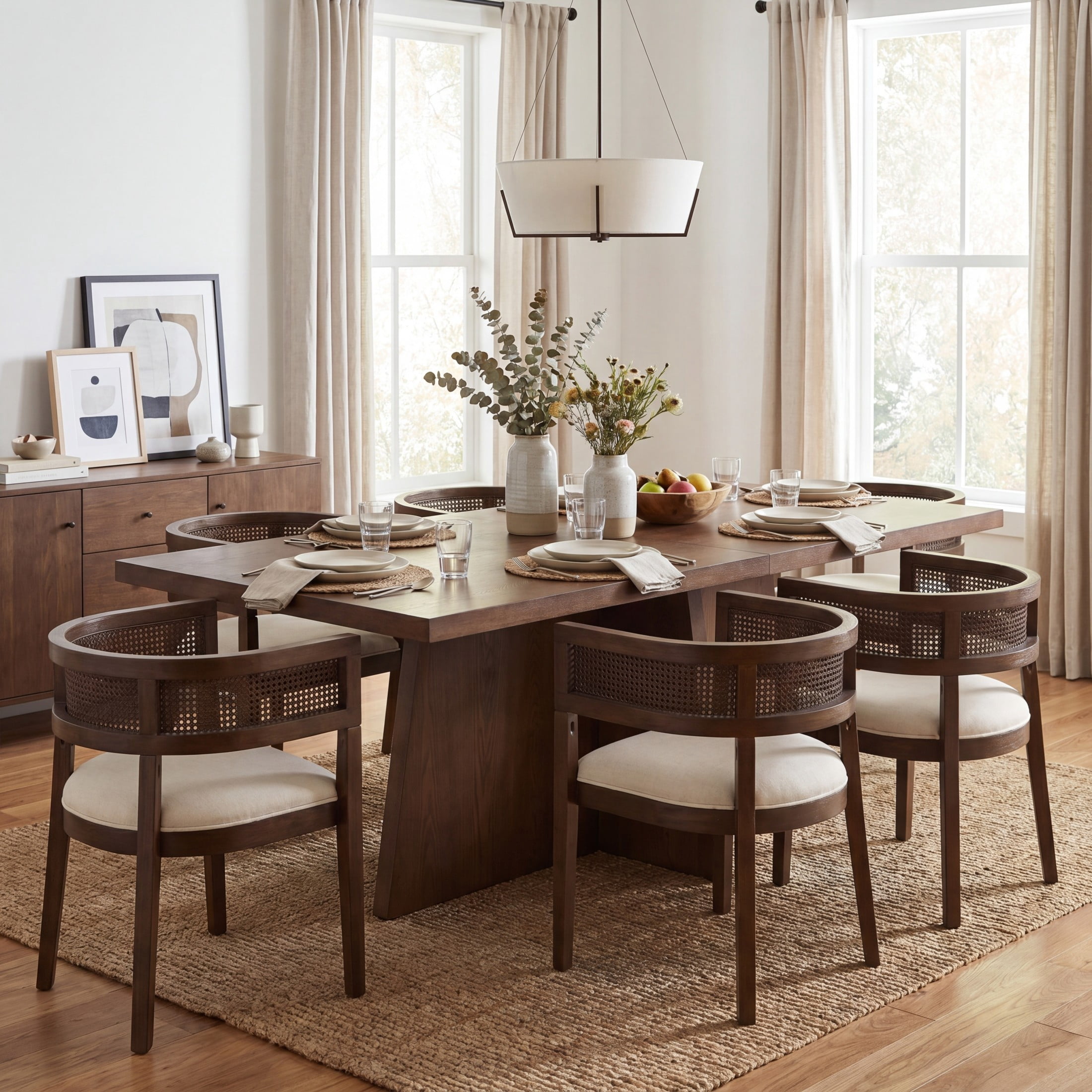 Christopher Knight Home 7-Piece Dining Set, Rectangle Table with Upholstered Wood Chairs, Walnut