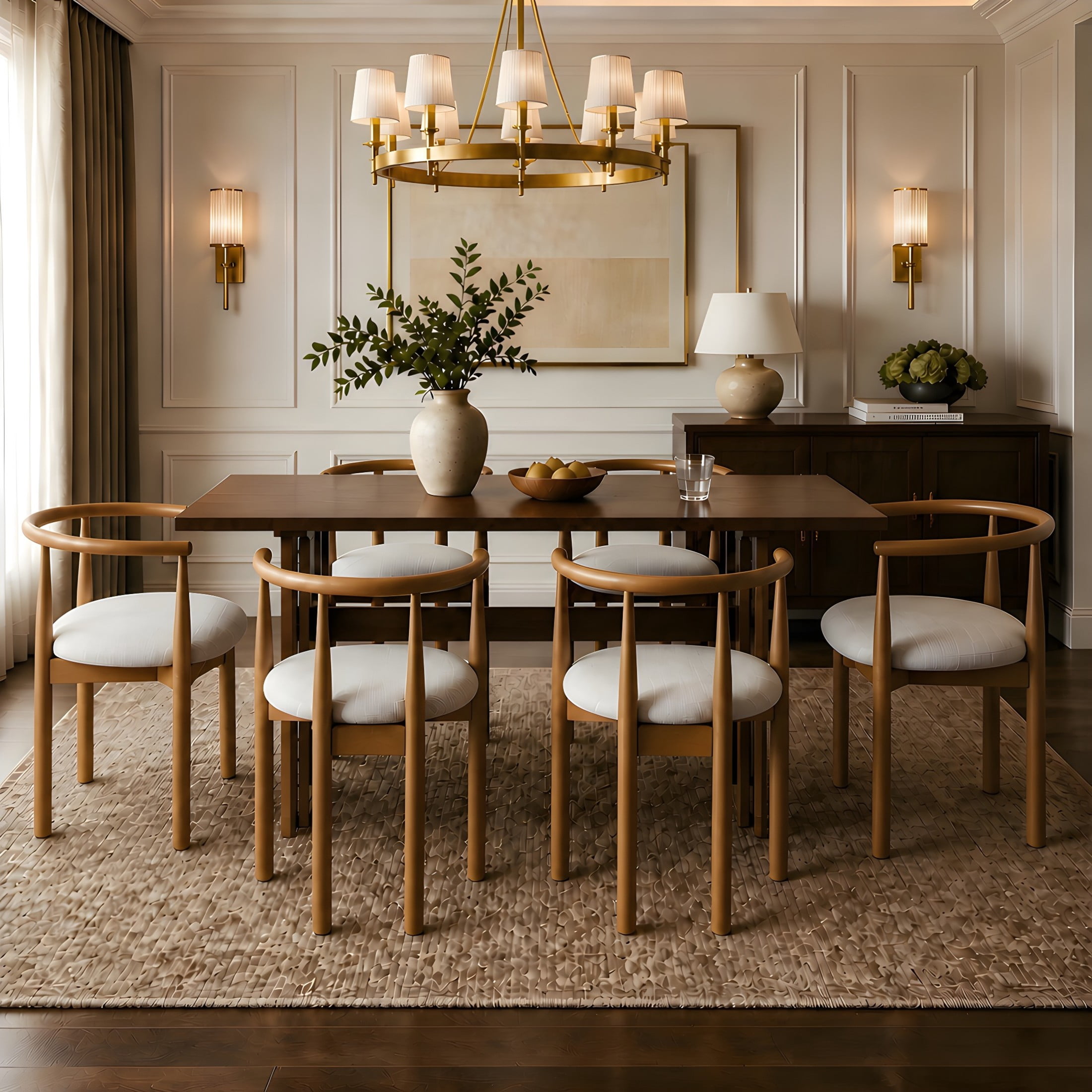 Christopher Knight Home 7-Piece Dining Set, Rectangular Table with Curved Arm Chairs, Walnut+Beige