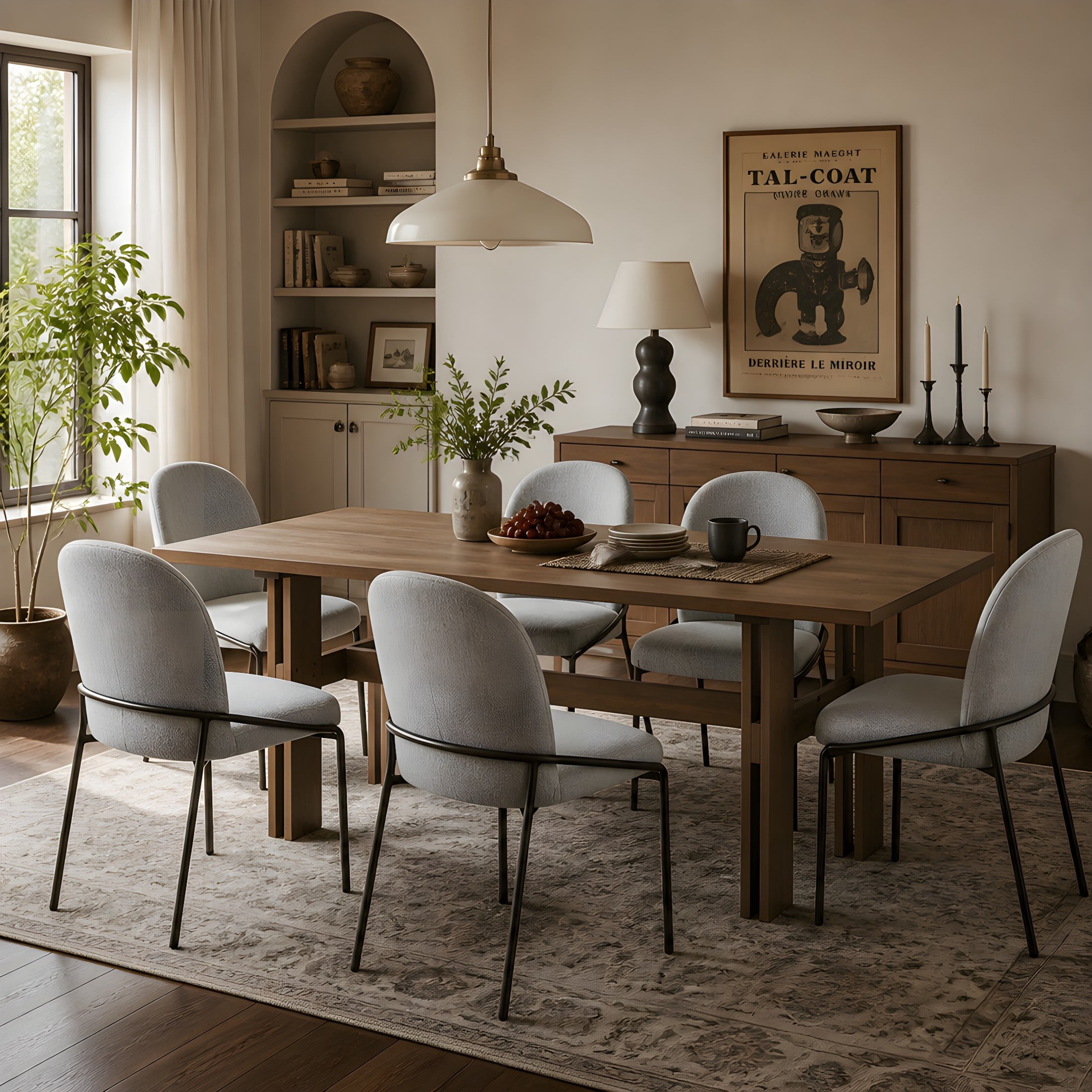 Christopher Knight Home 7-Piece Dining Set, Rectangular Table with Upholstered Chairs, Walnut+Light Gray