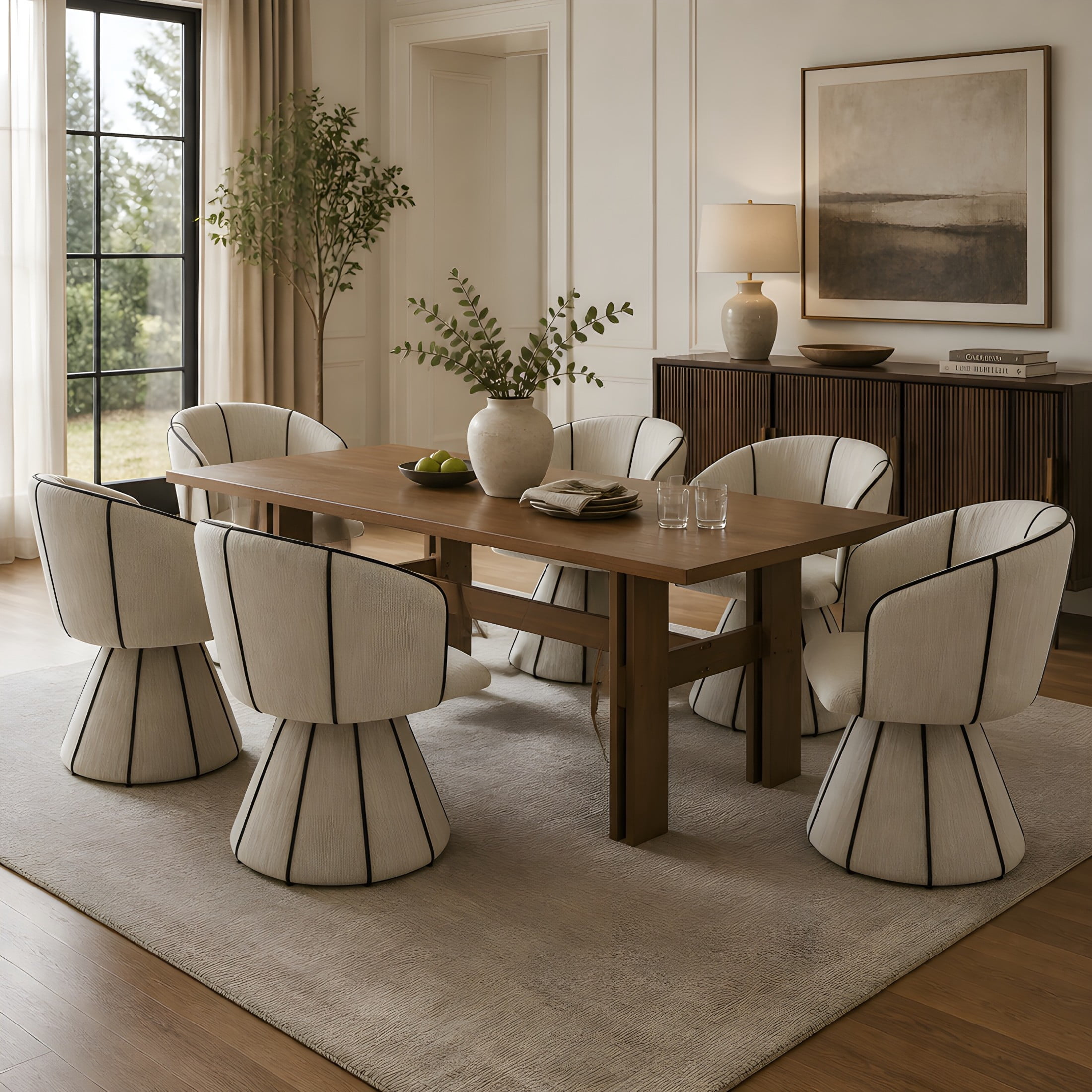 Christopher Knight Home 7-Piece Dining Set, Walnut Table and Swivel Upholstered Chairs, Beige+Black